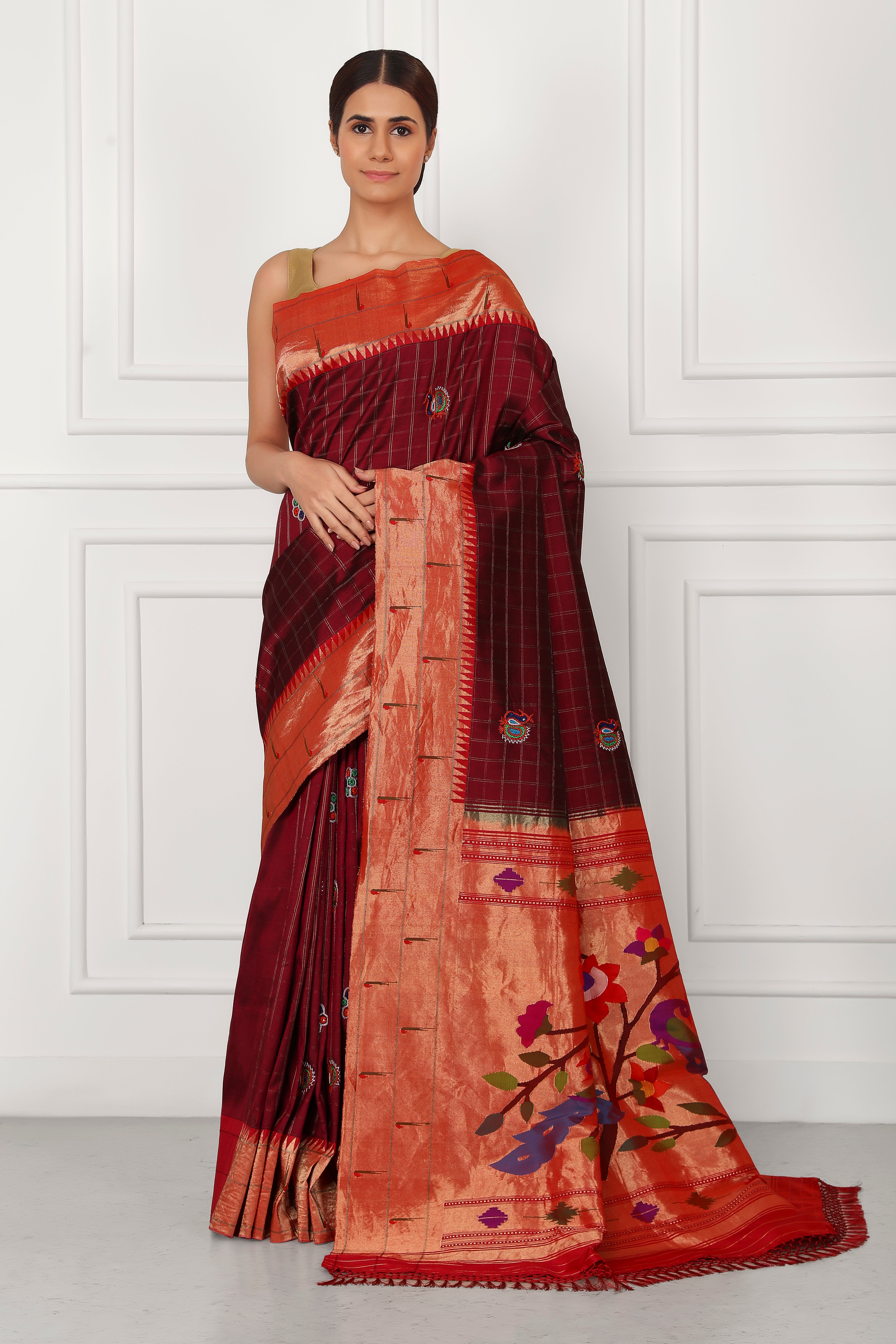 Wine Paithani Muniya Peacock Splendor