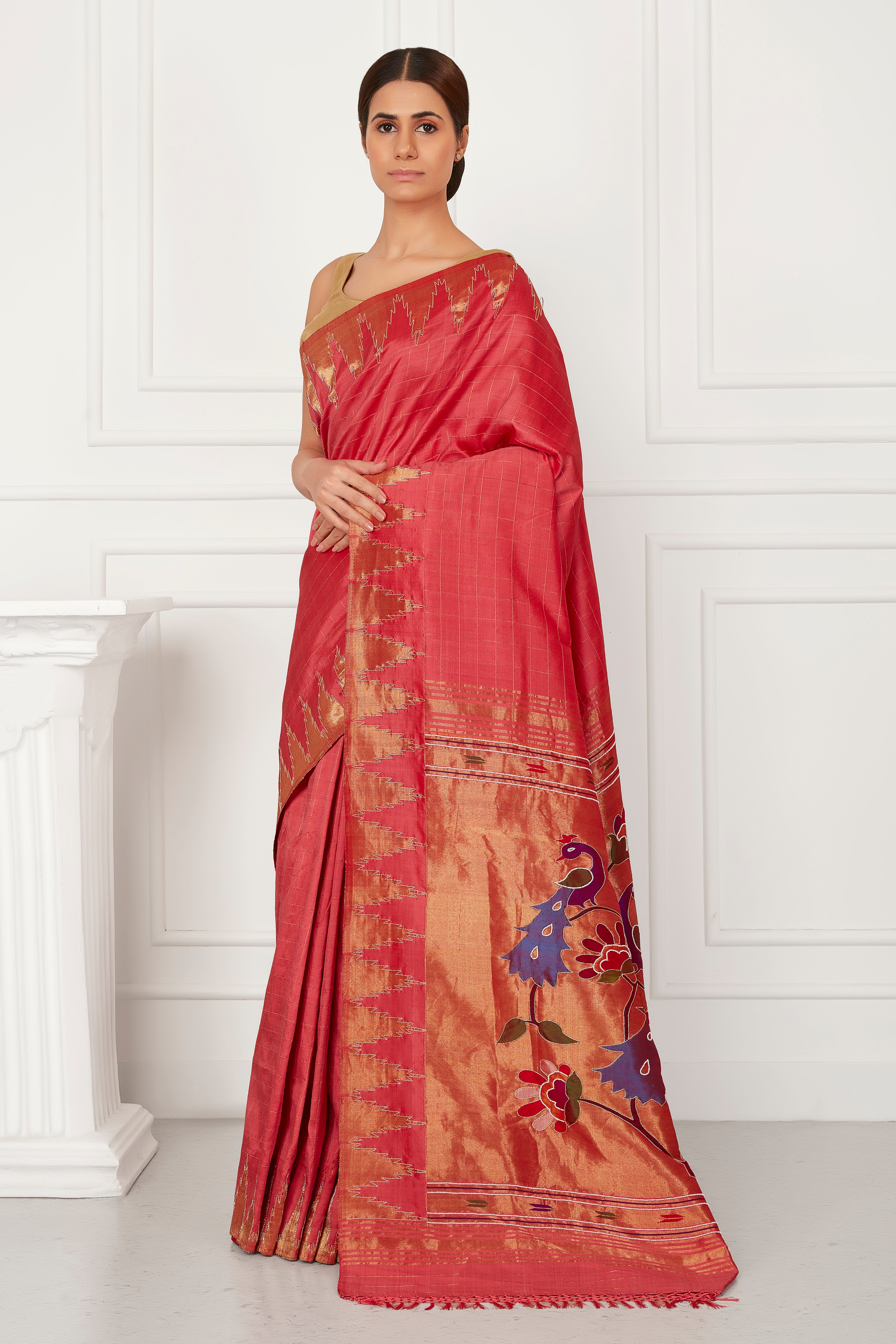 Peach Paithani Temple Peacock Elegance