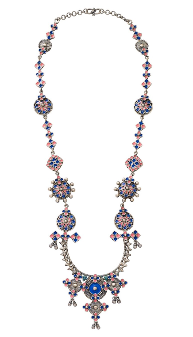 Blue and Pink Enamel Sterling Silver Necklace