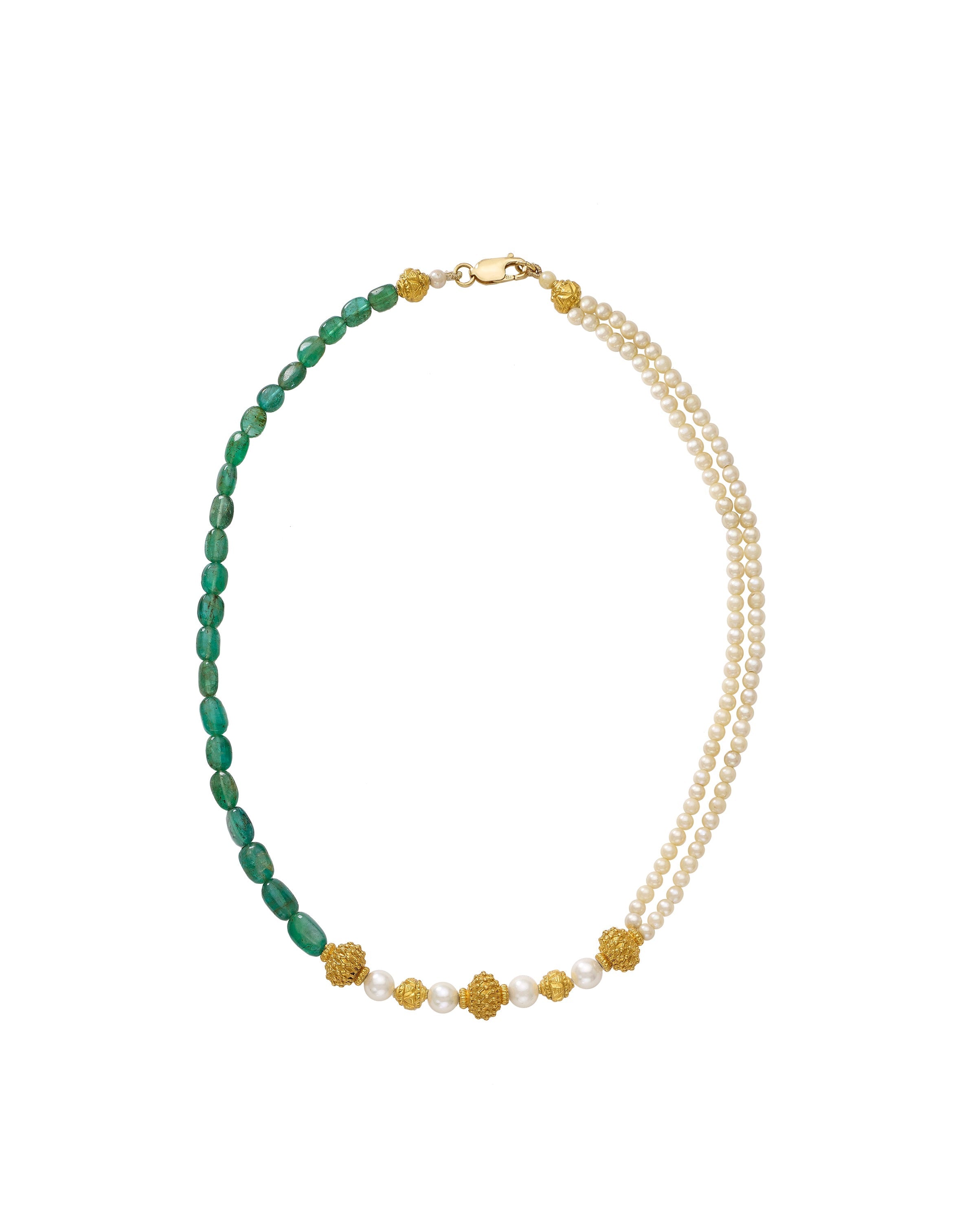 22k Yellow Gold Necklace with Emerald Beads & Cultured Pearls House of Devam