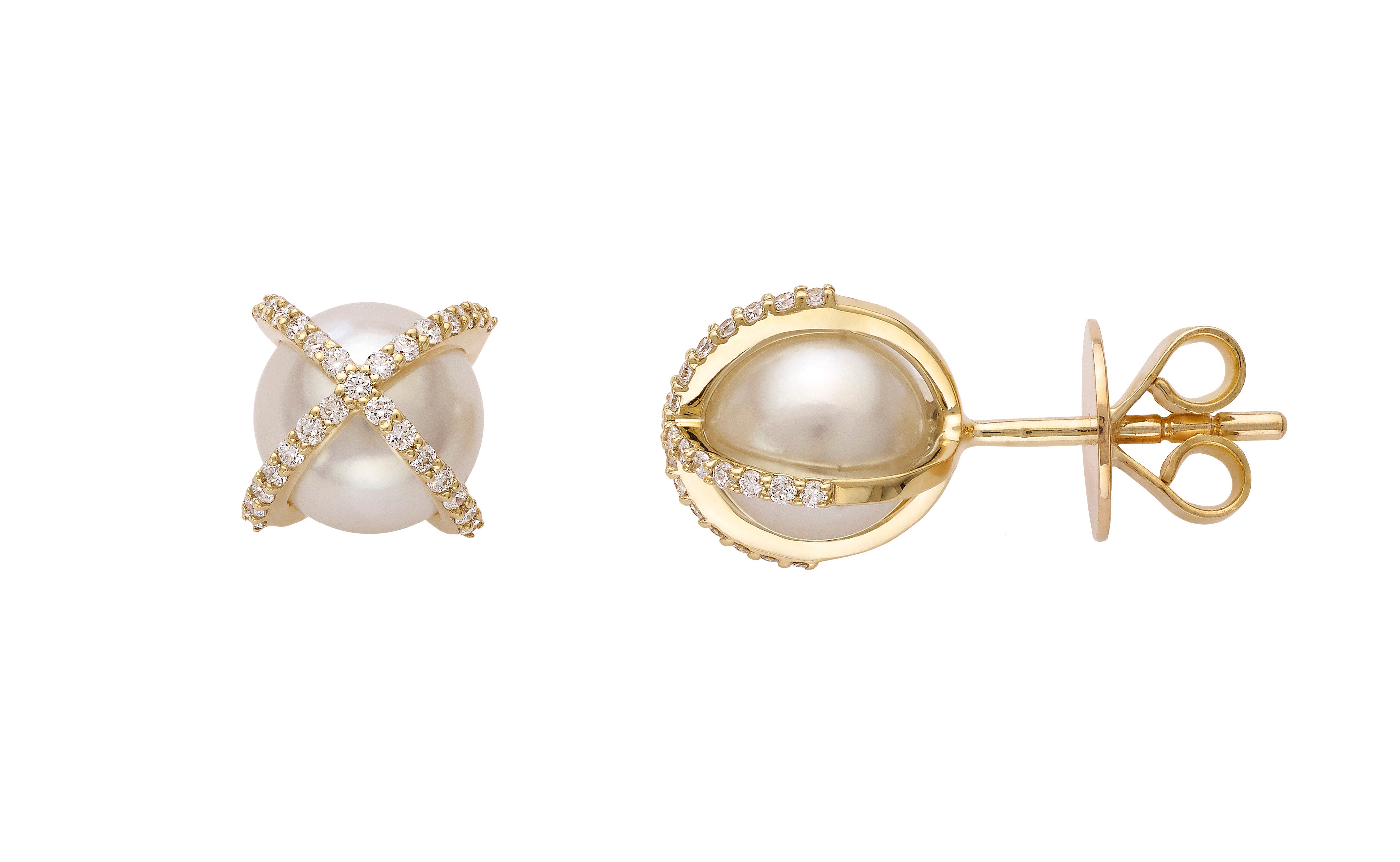 "Crossed by Diamonds" Yellow Gold Pearl Earrings Devam