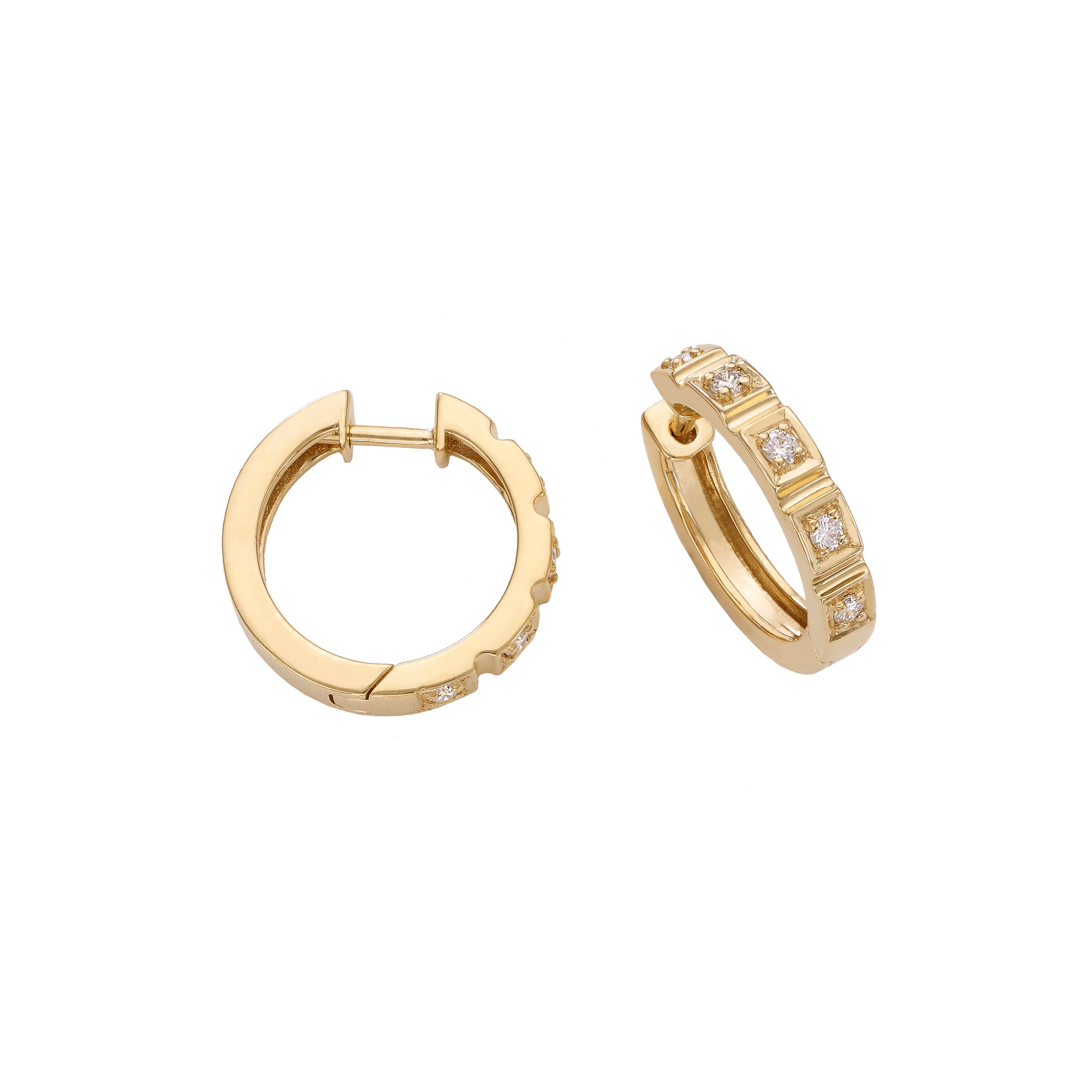18k Yellow Gold Hoop Earrings with White Round Diamonds
