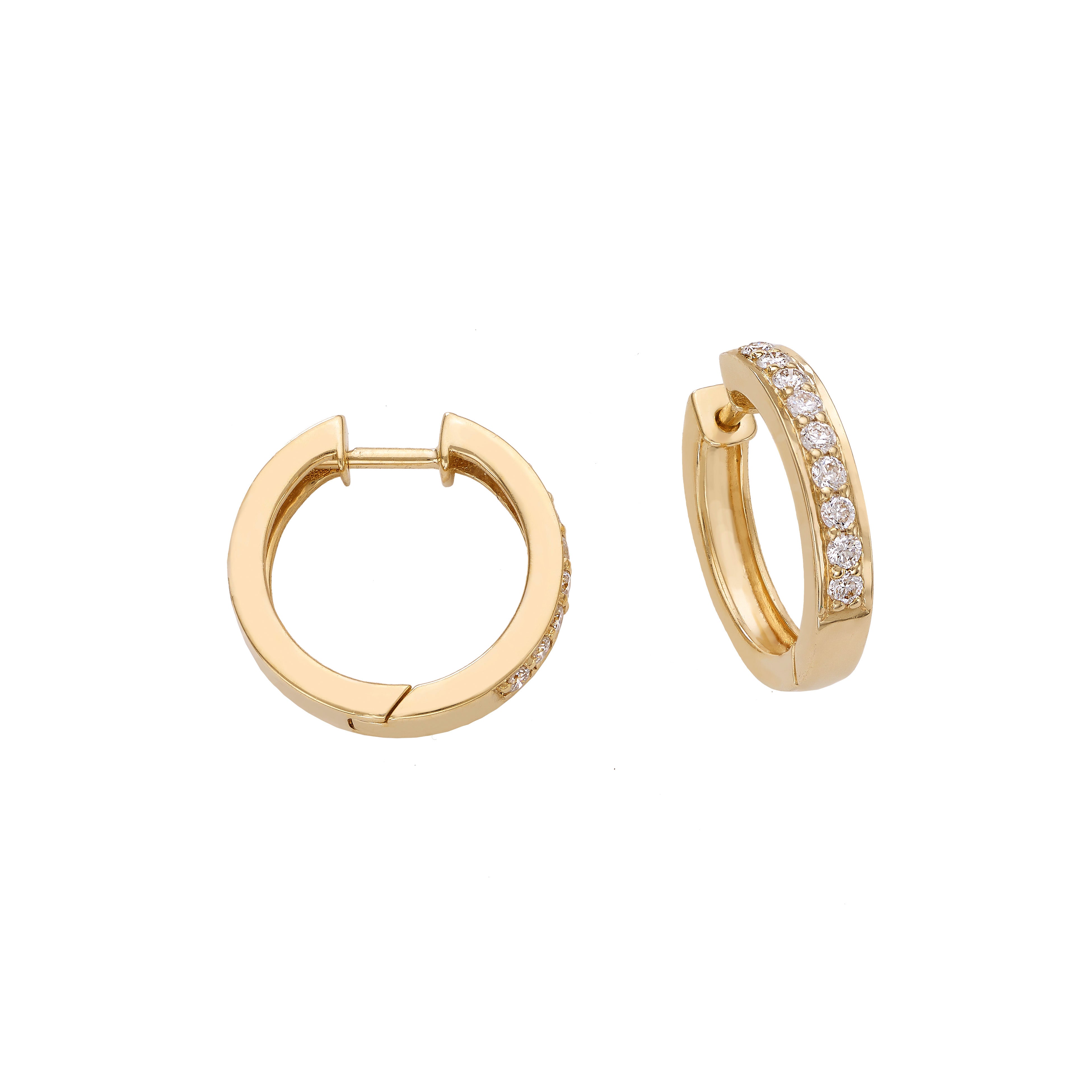 18k Yellow Gold Hoop Earrings with White Round Diamonds