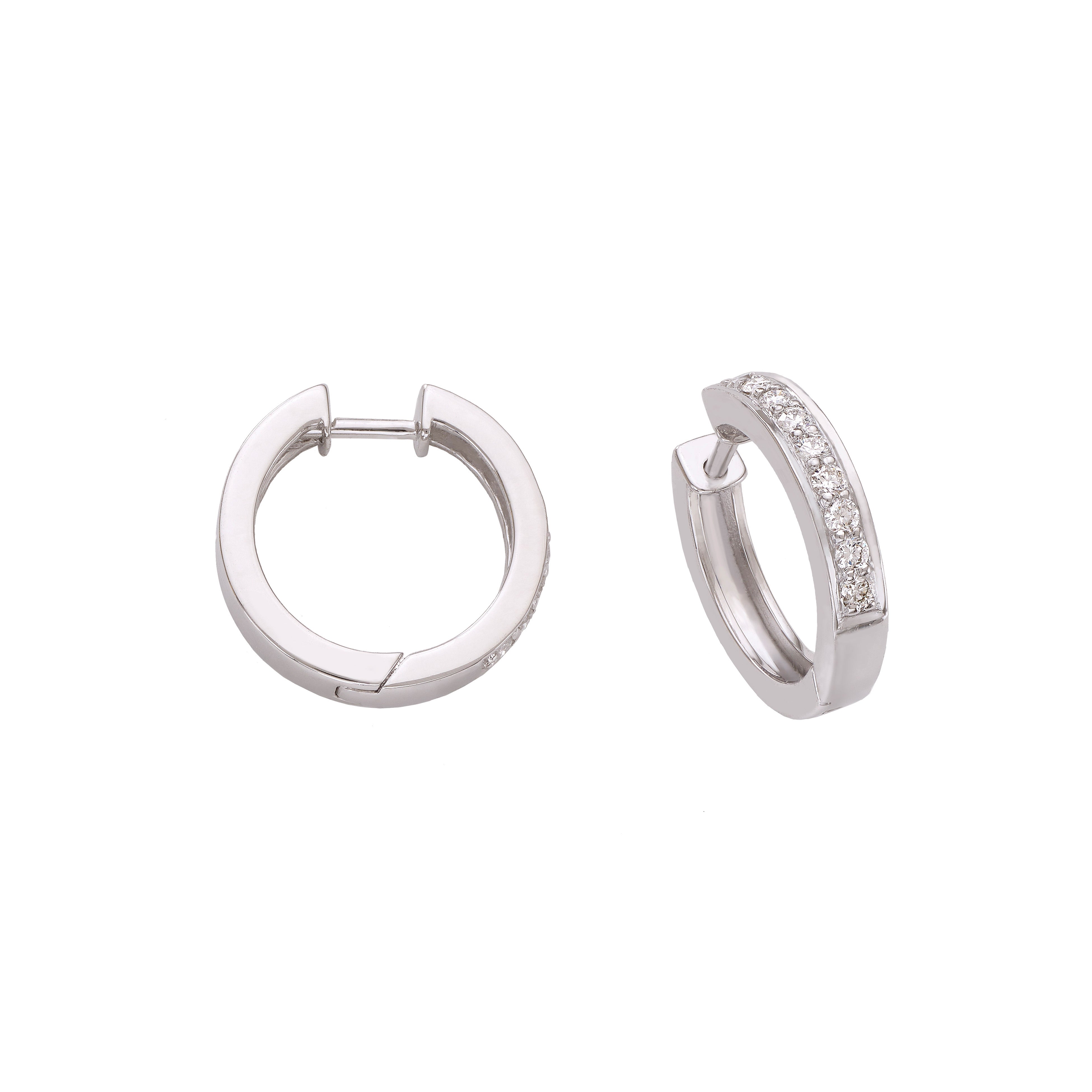 18k White Gold Hoop Earrings with White Round Diamonds