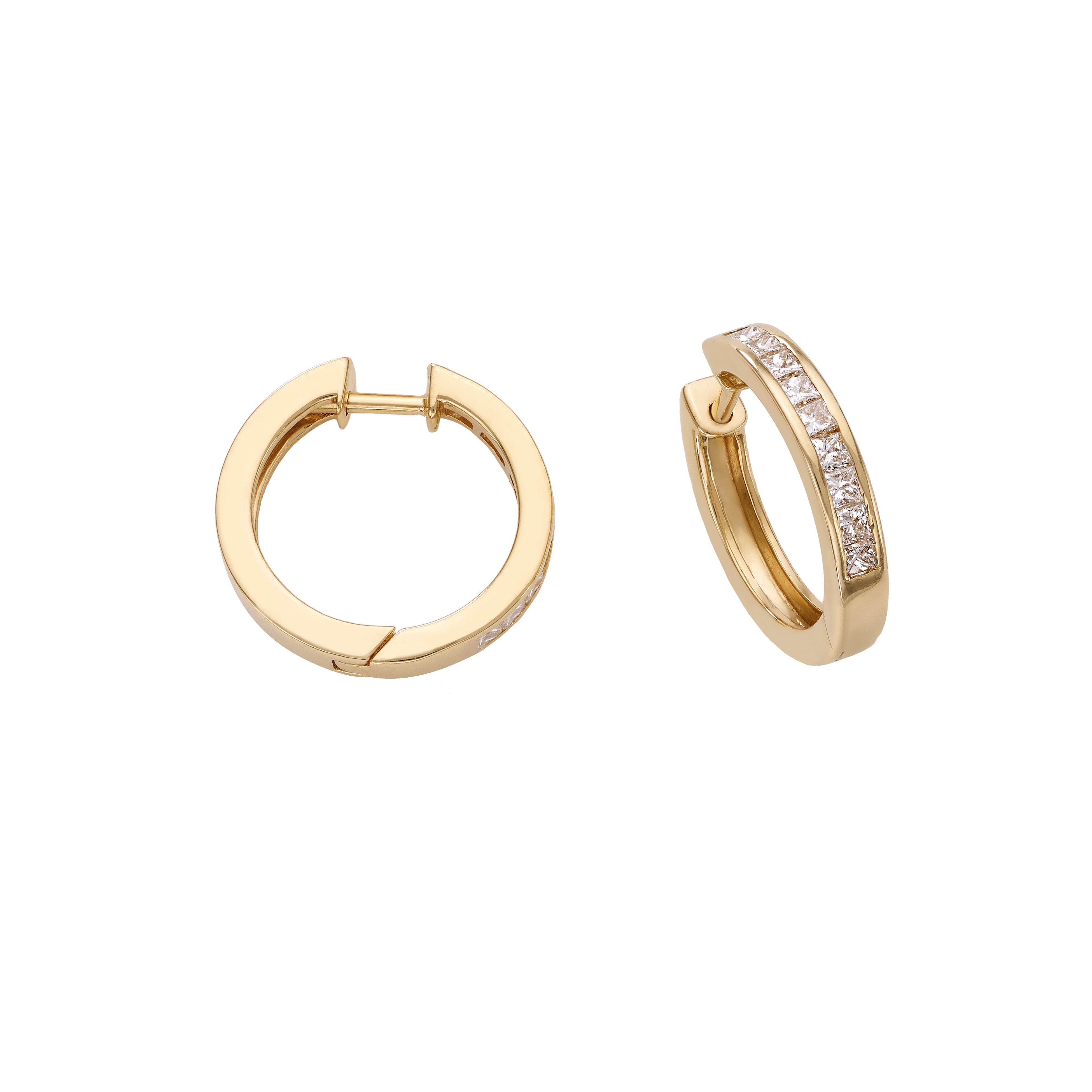 Yellow Gold Hoop Earrings with White Princess Cut Diamonds