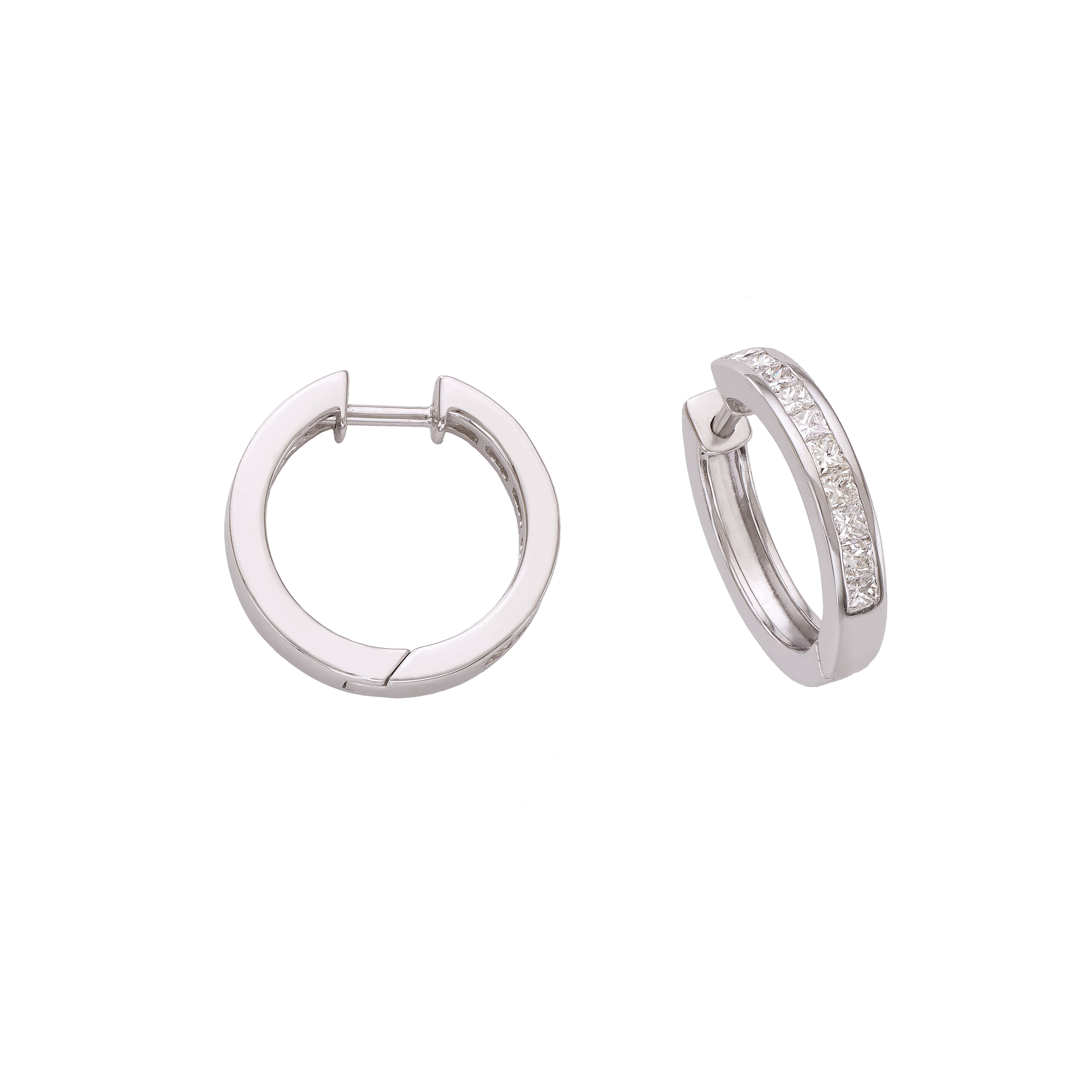 18k White Gold Hoop Earrings with White Princess Cut Diamonds