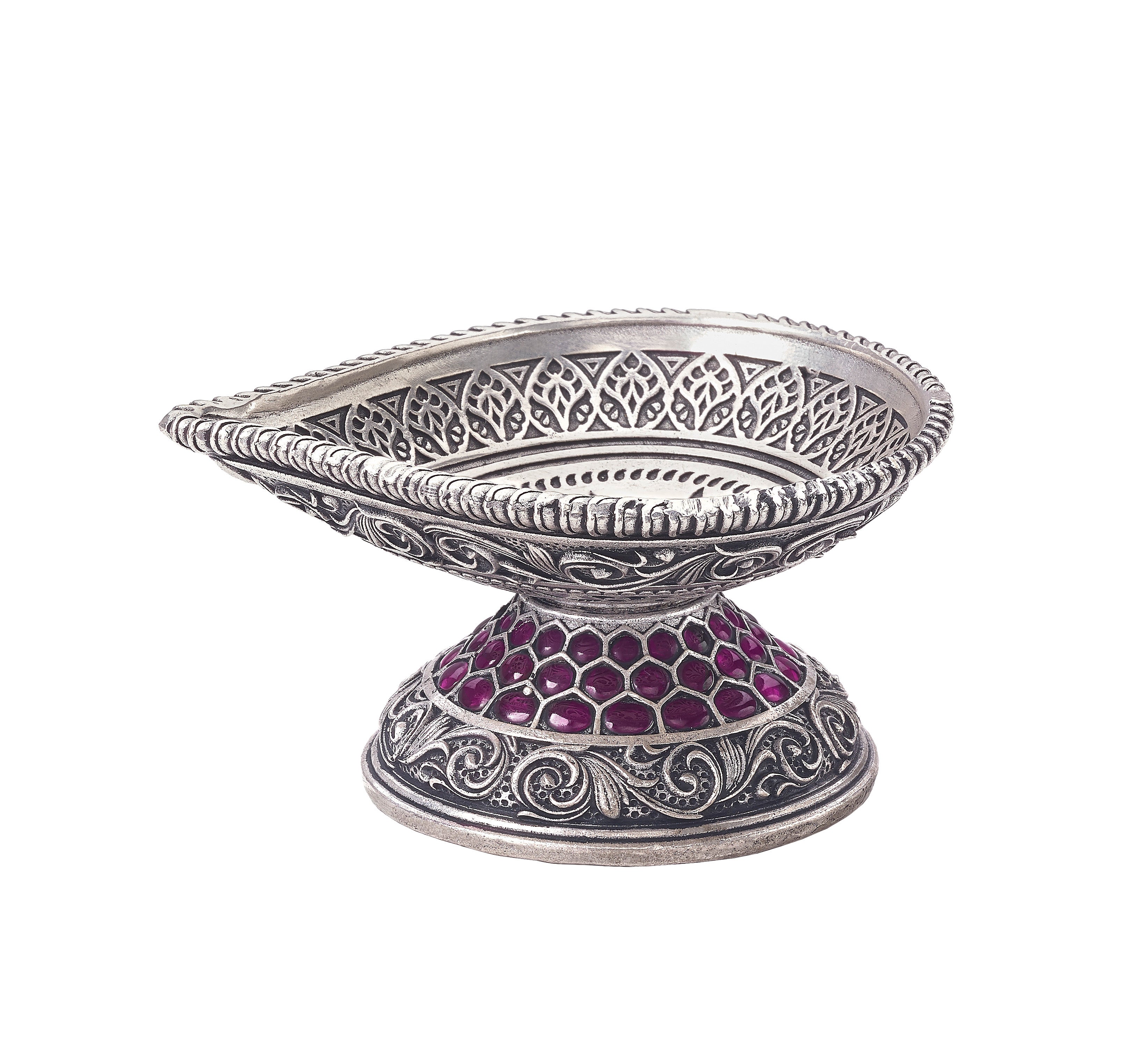 Sterling Silver Diya with Red Stones