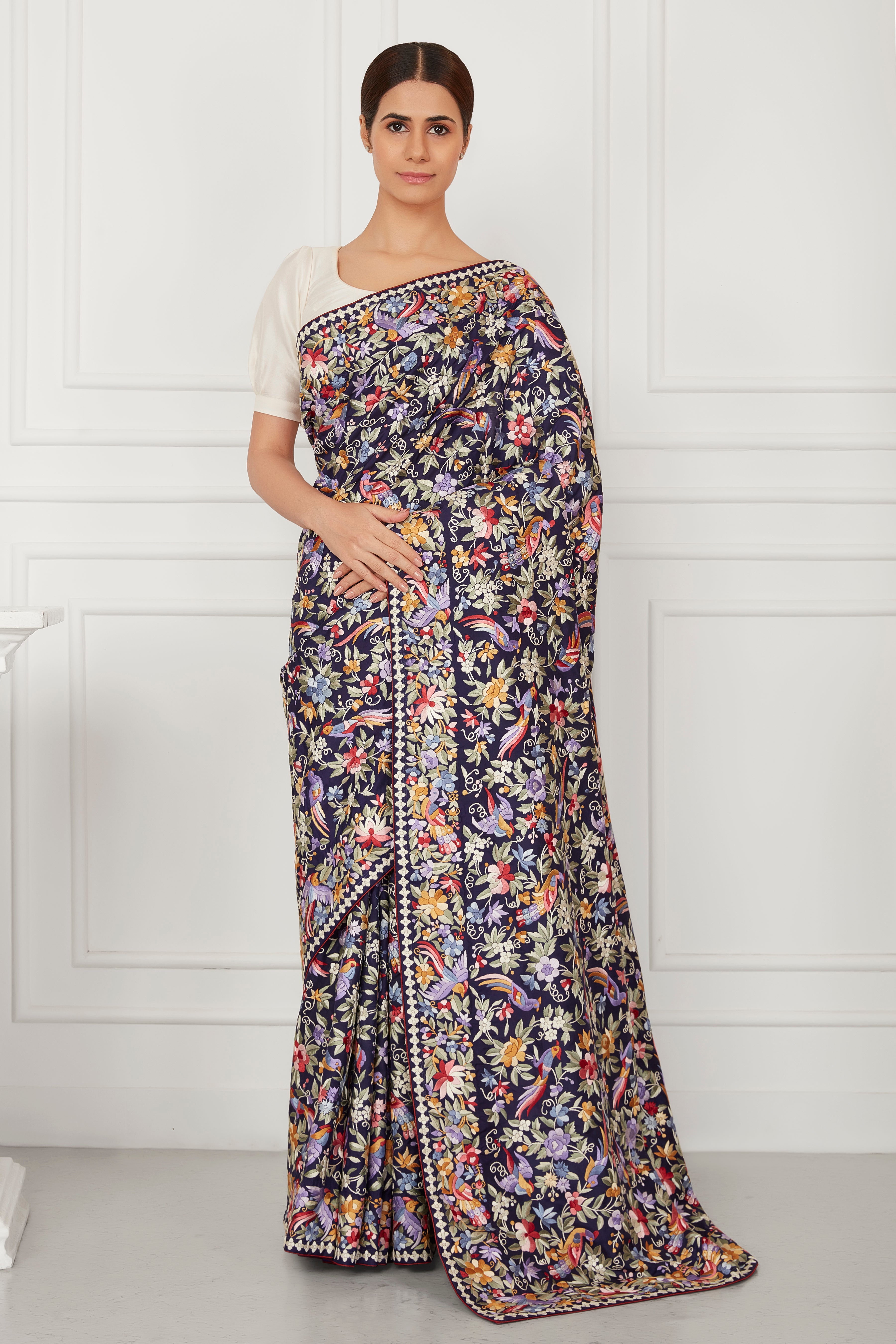 Dark Blue Kanjeevaram Parsi Embroidered Grace
