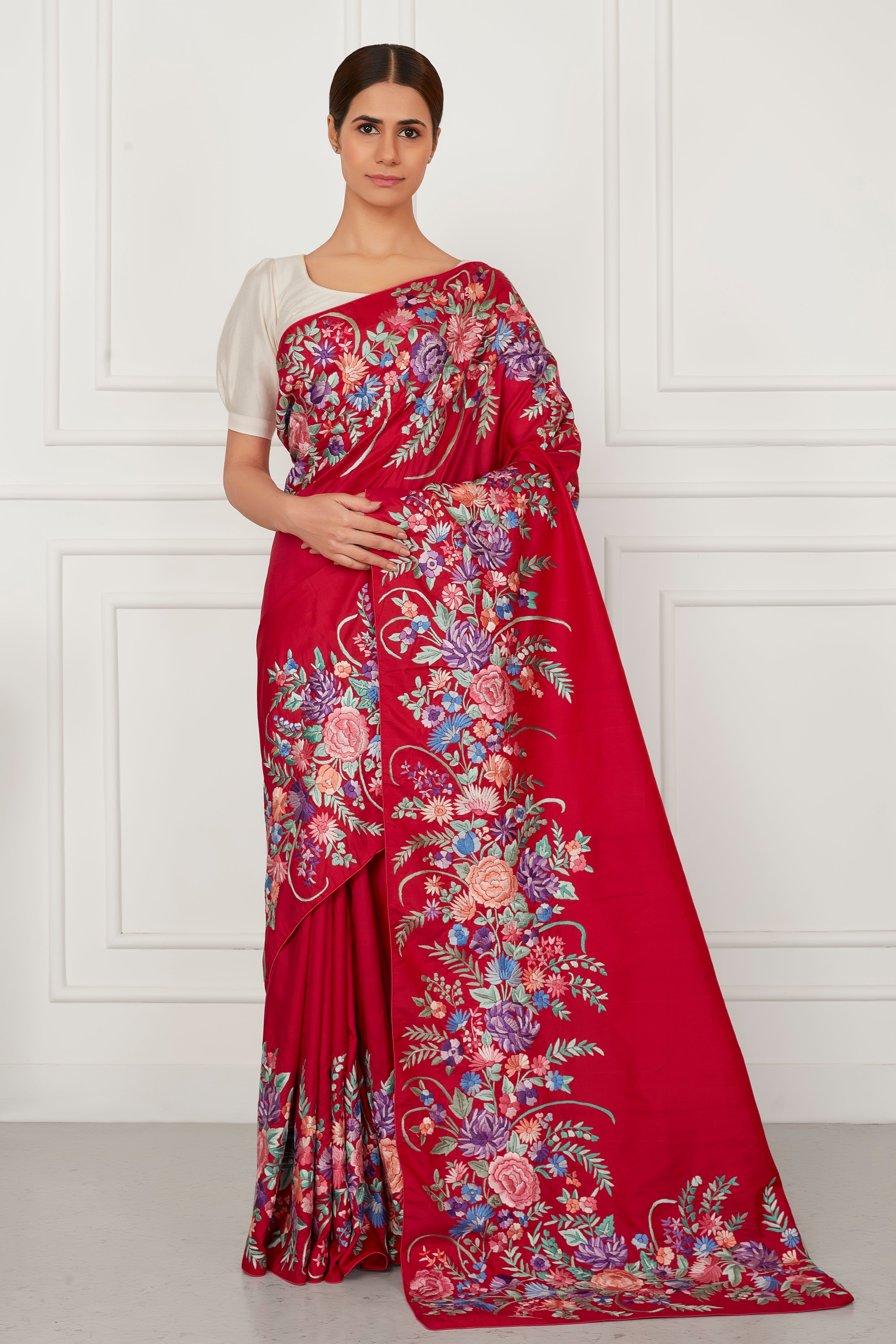 Fuchsia Kanjeevaram Parsi Embroidered Splendor