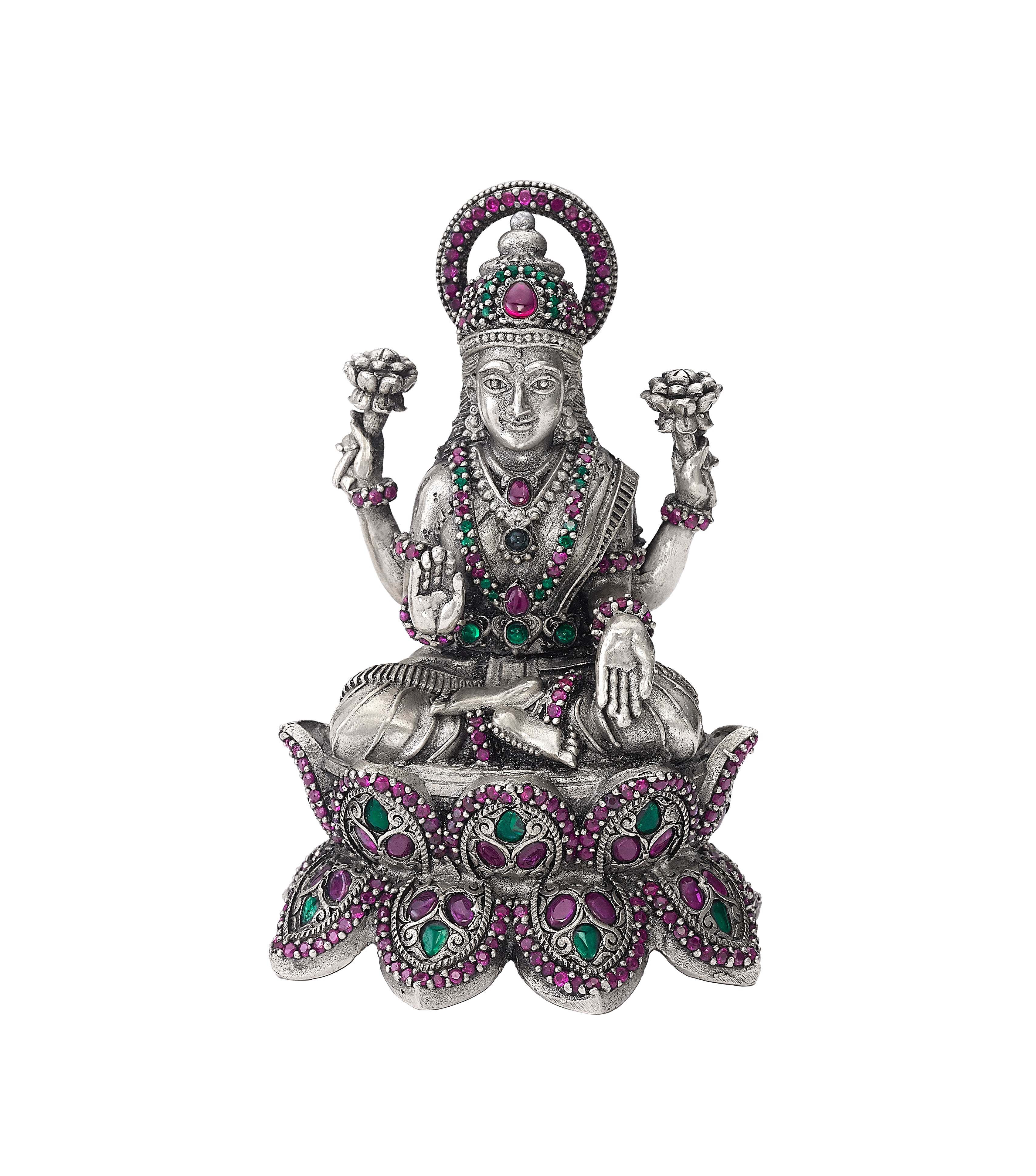 Goddess Lakshmi Silver Idol on Lotus Base with Ruby