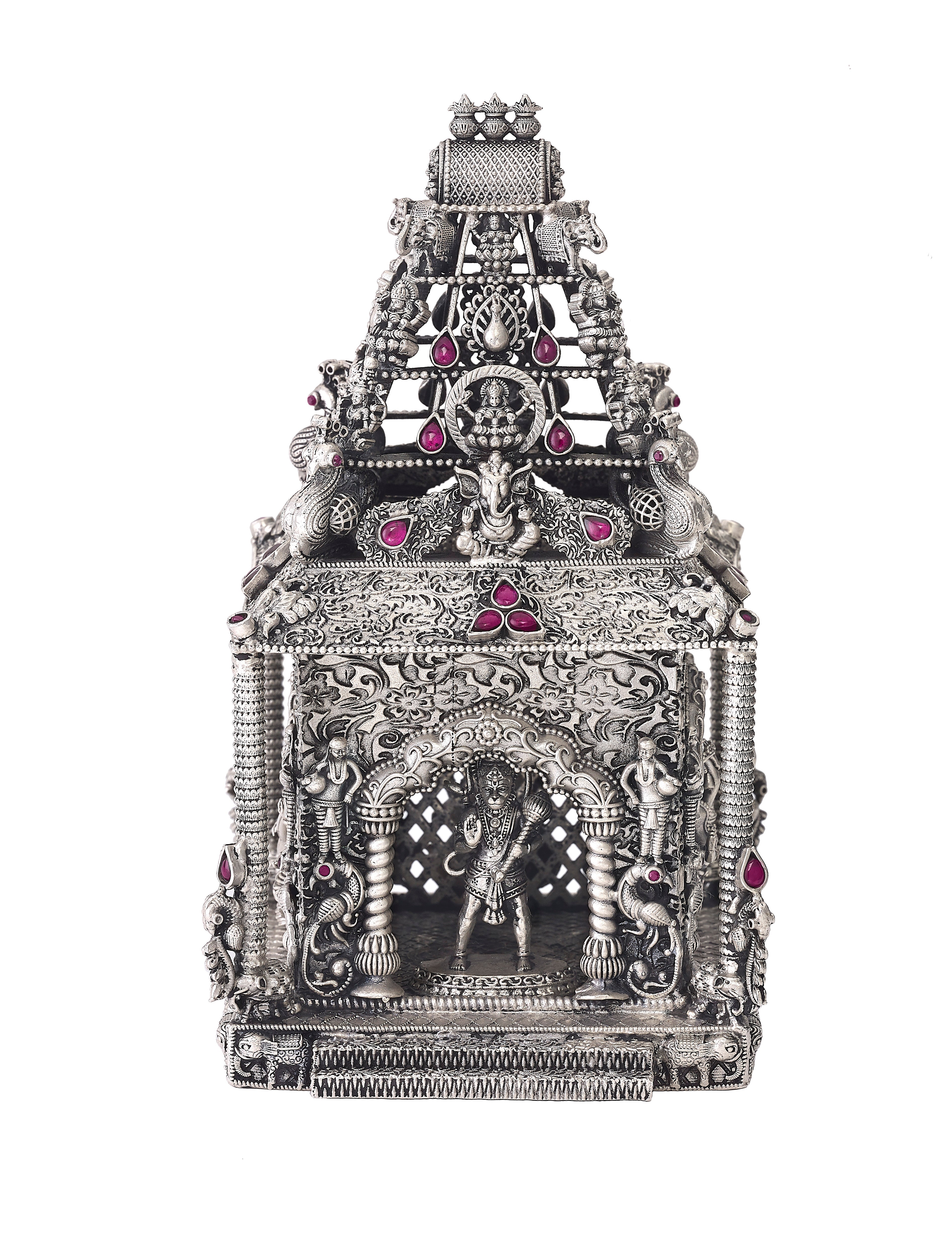 Intricately Crafted Silver Temple with Hanuman Idol and Ruby Accents
