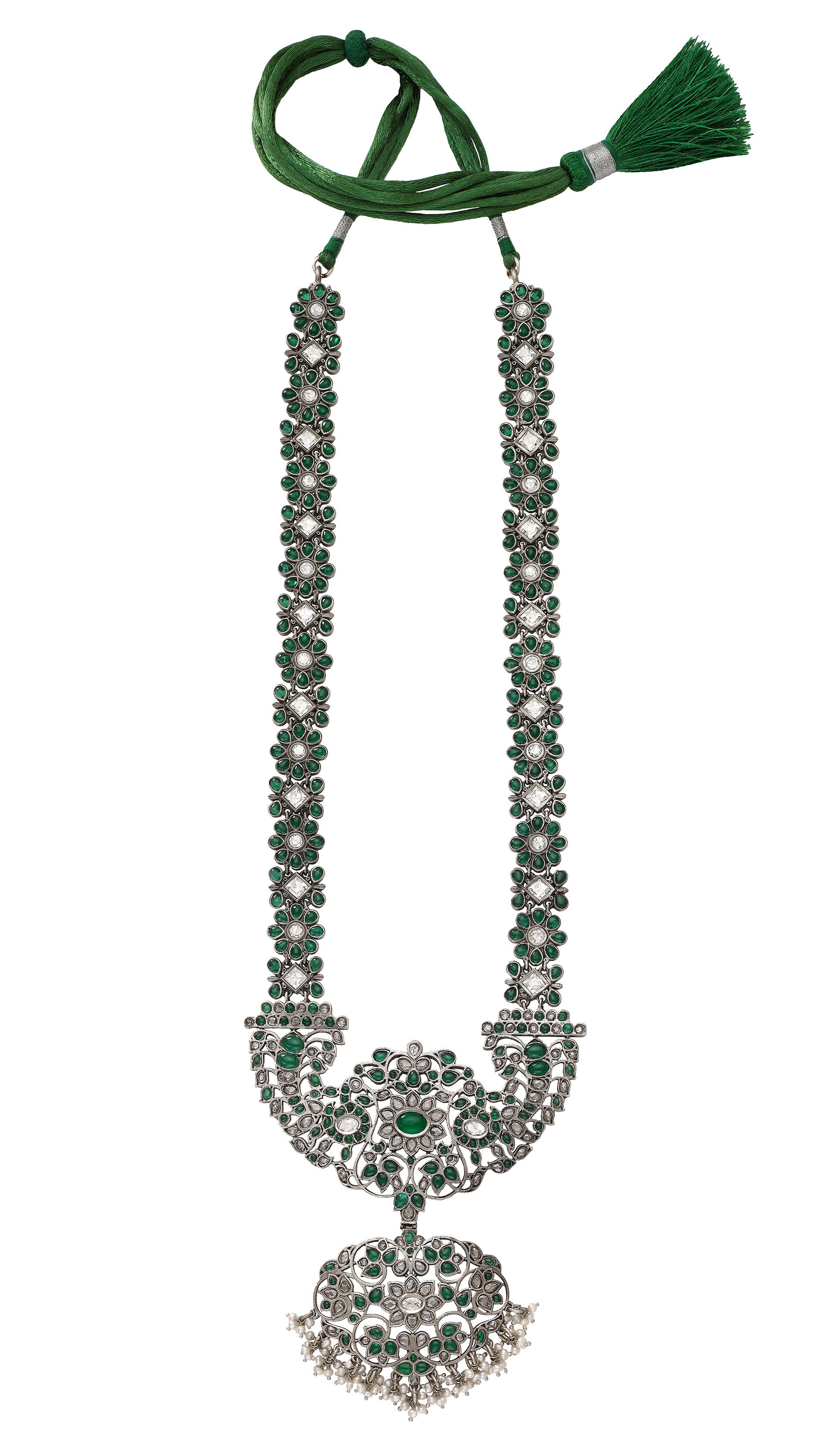 Long Sterling Silver Necklace with Green Stones Devam