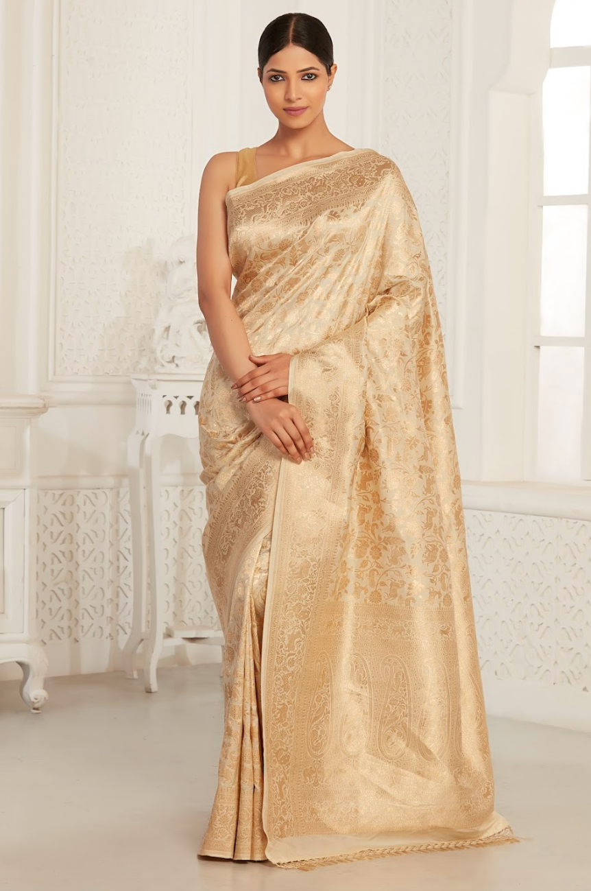 Offwhite Katan Silk Shikargah Saree