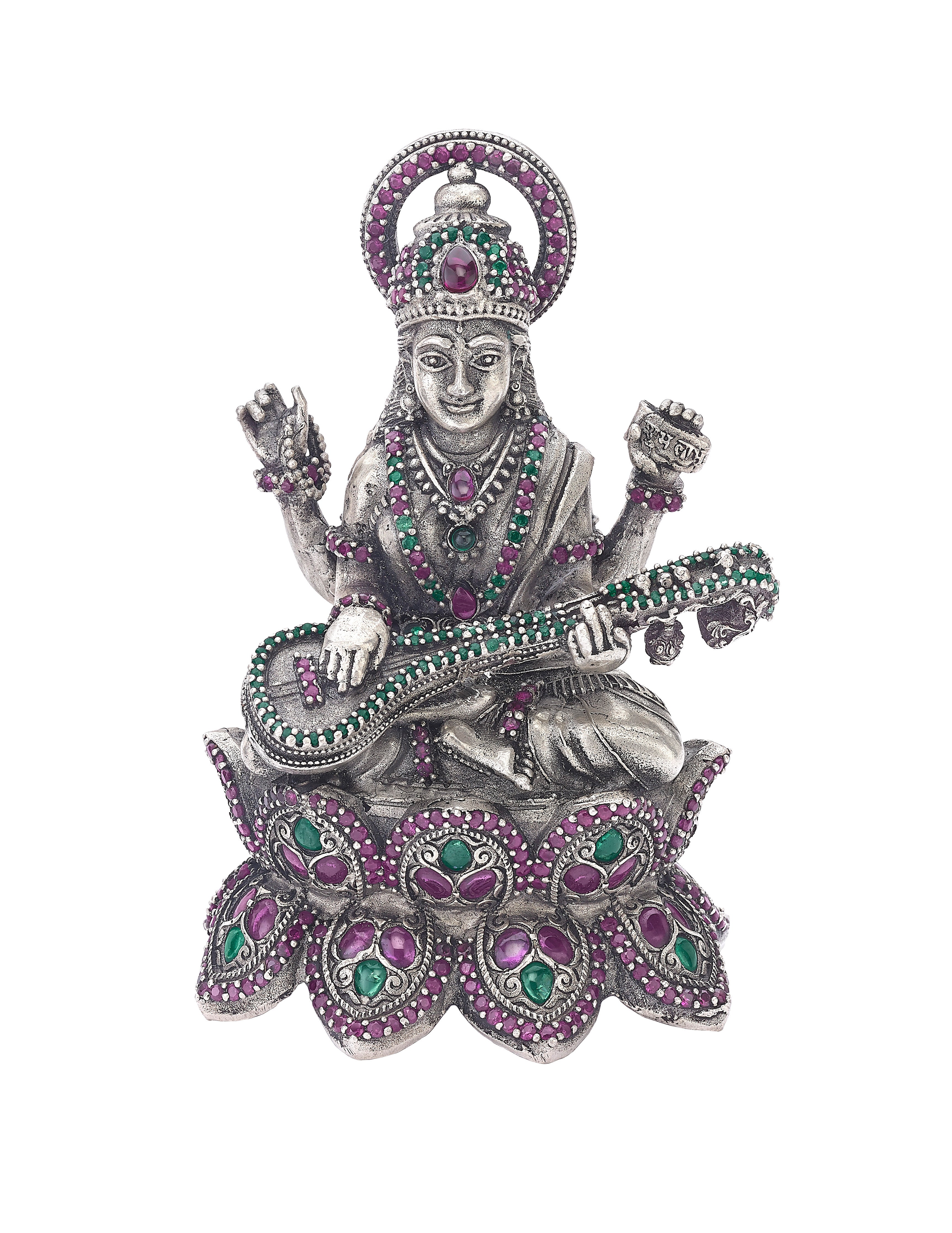 Ornate Silver Idol of Saraswati with Veena
