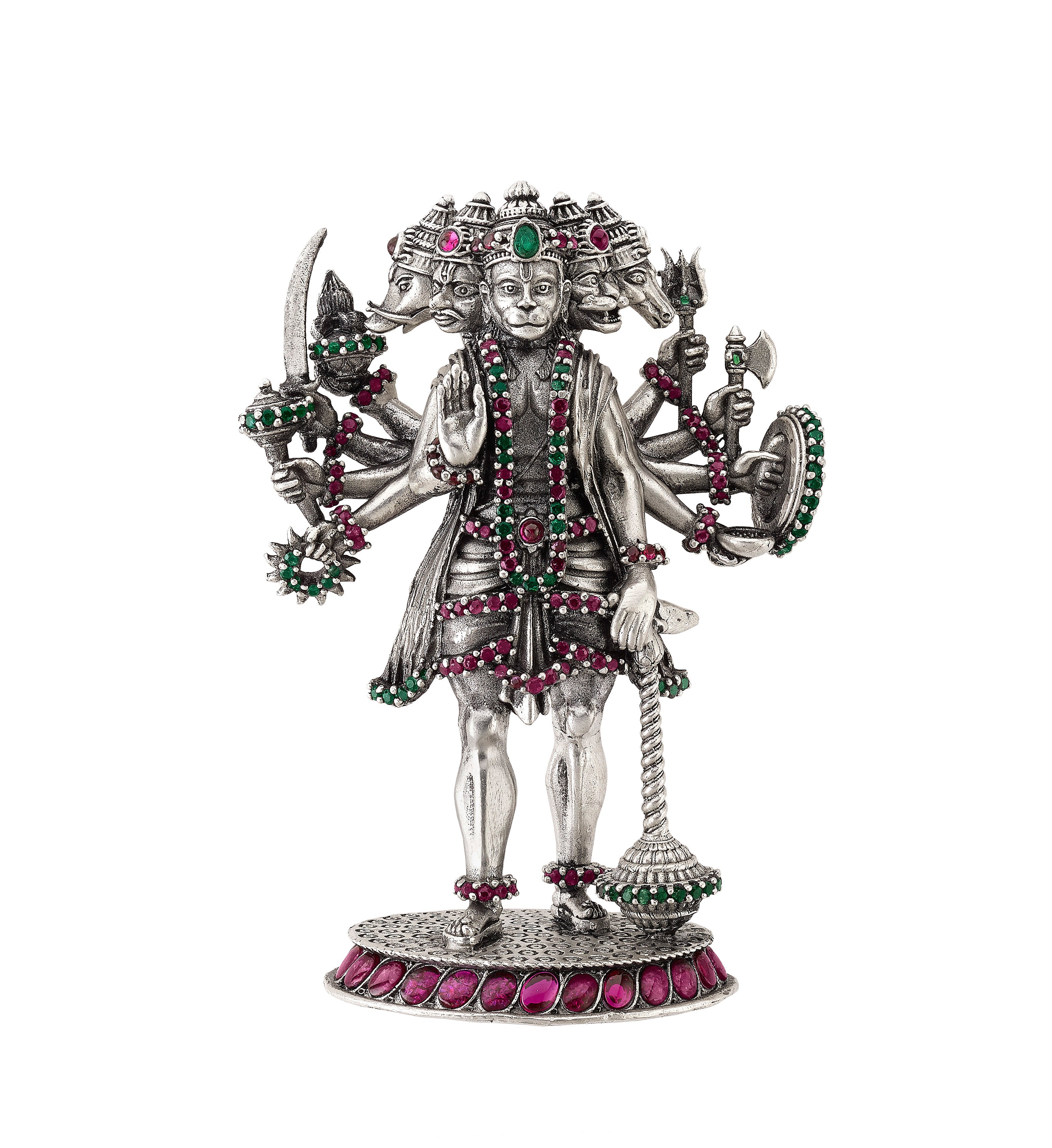 Panchamukhi Hanuman Idol in Silver with Ruby & Emerald Accents Devam