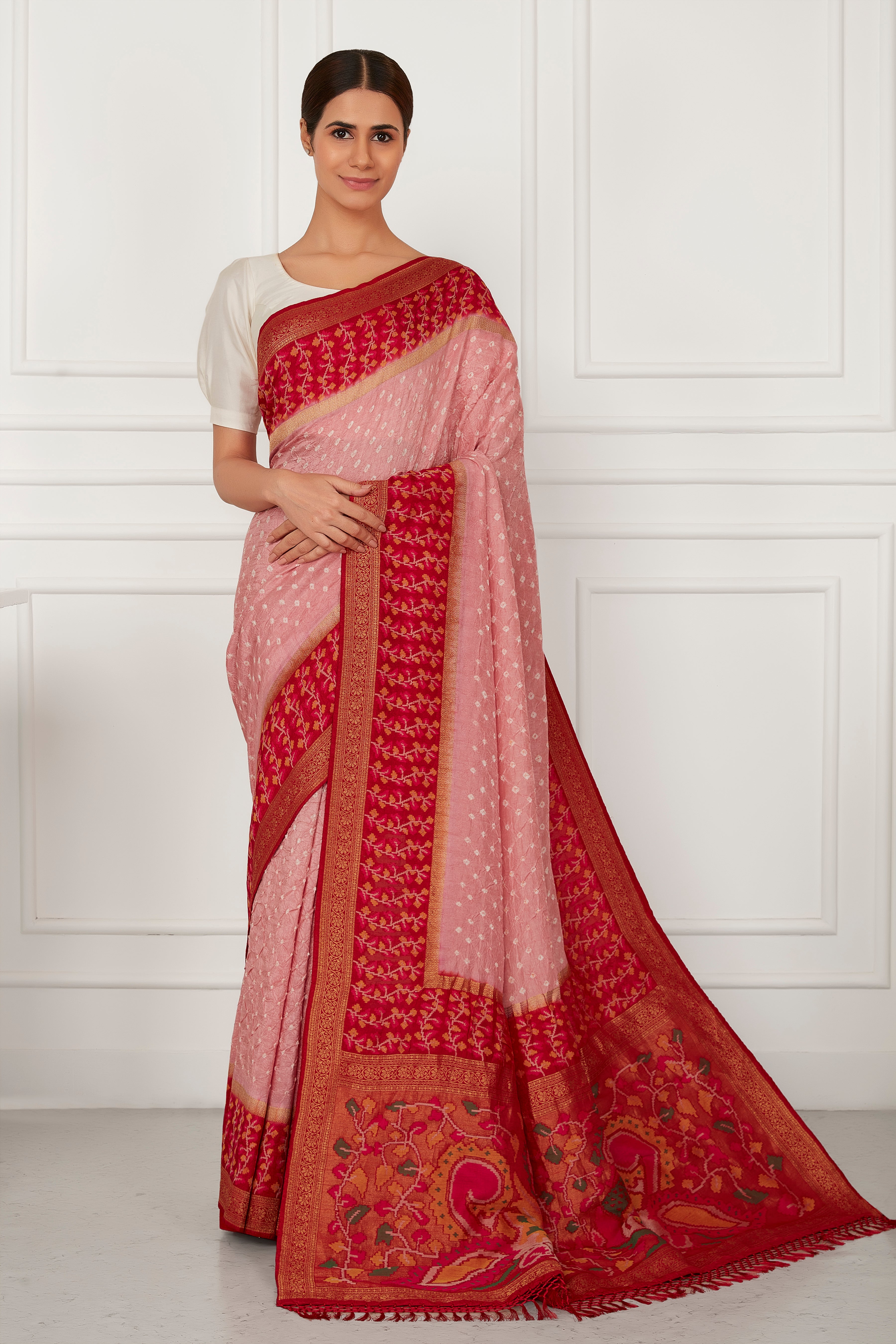 Pink Malai Silk Bandhani Kalamkari Pallu
