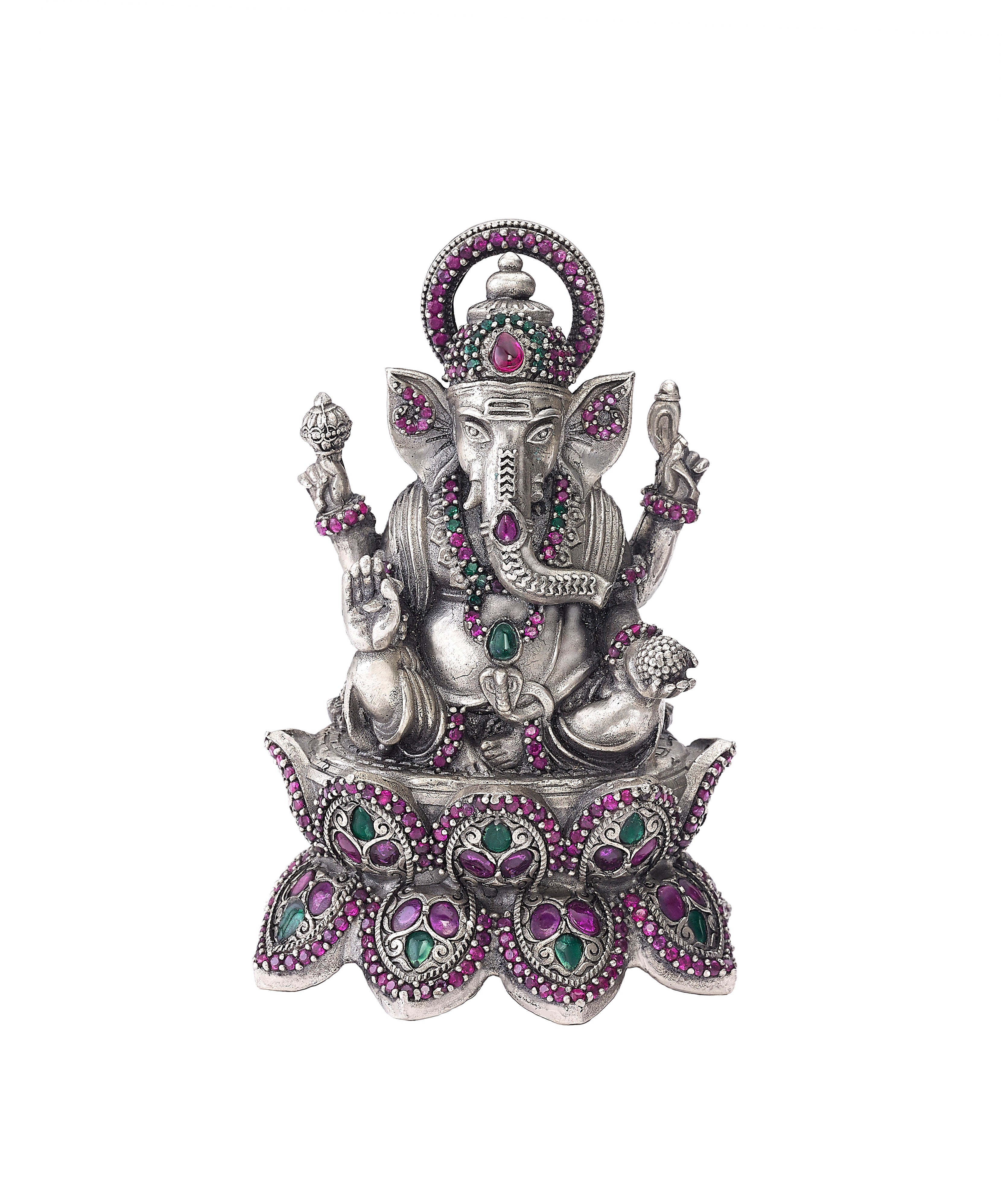 Regal Ganesha Idol in Sterling Silver with Ruby & Emerald Accent