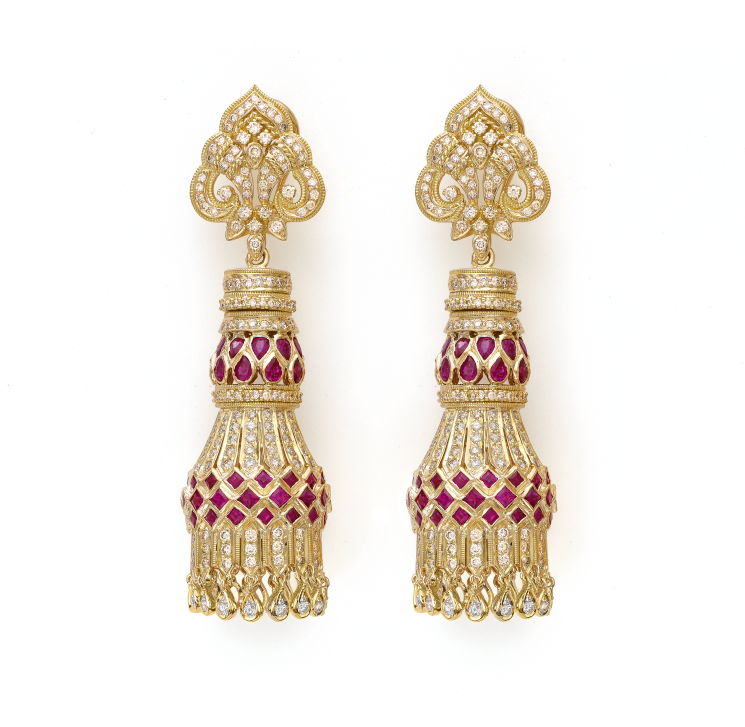 18k Yellow Gold Patterned Earrings with Diamonds and Rubies