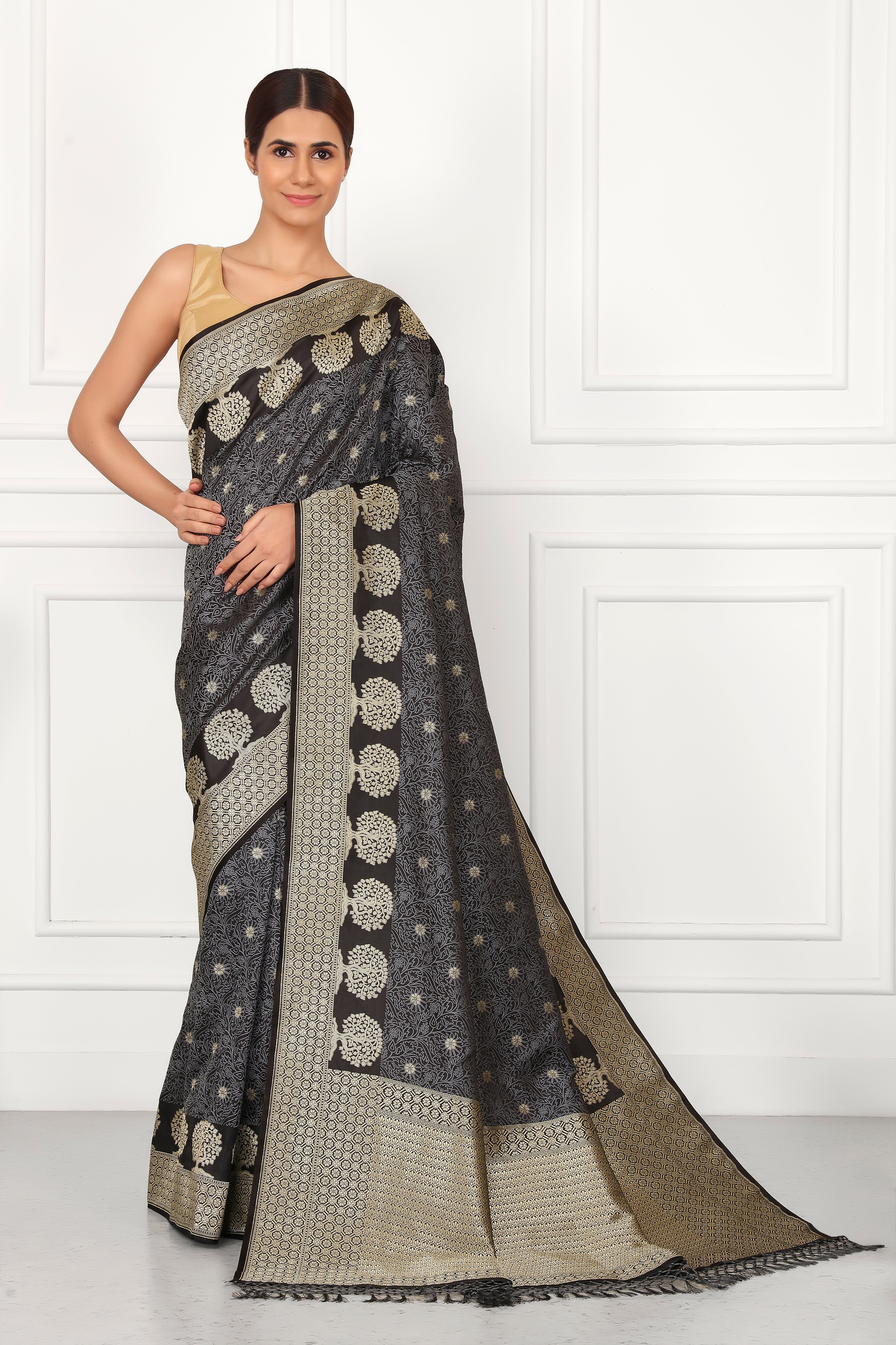 Silver Grey & Black Satin Tanchoi Weave
