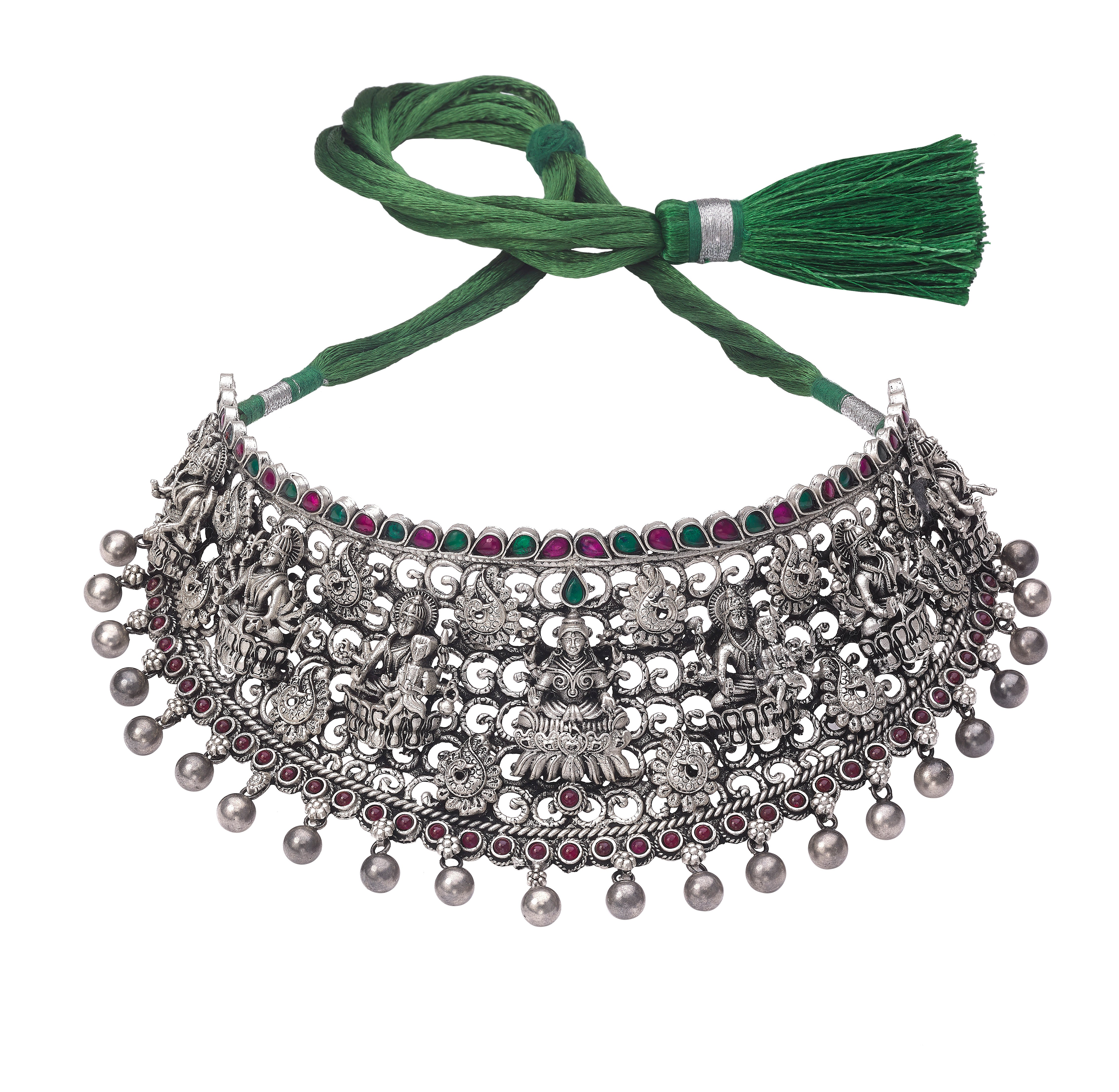 Silver Handcrafted Necklace with Green Stones Devam