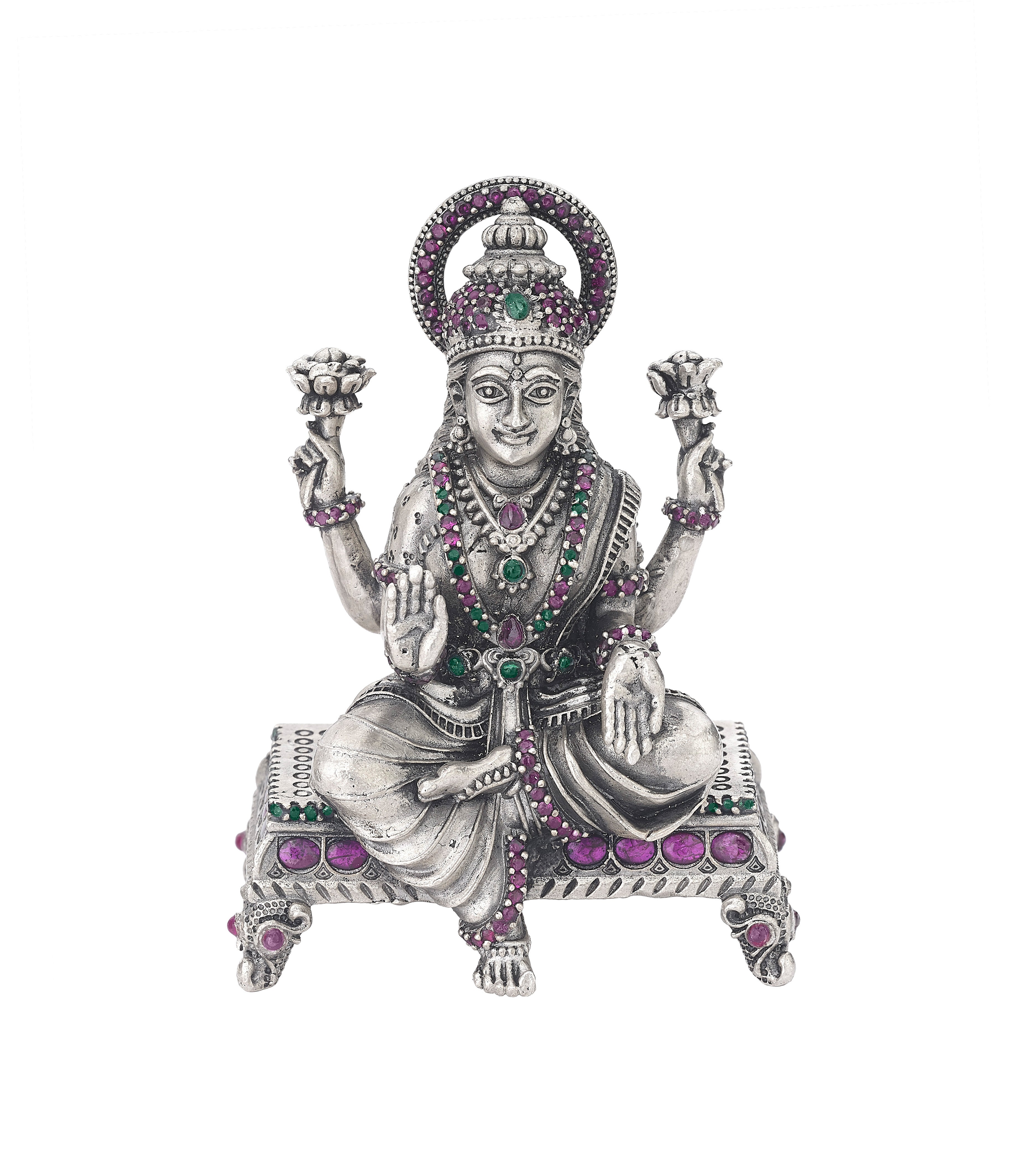 Silver Lakshmi Idol with Ruby & Emerald Embellishments