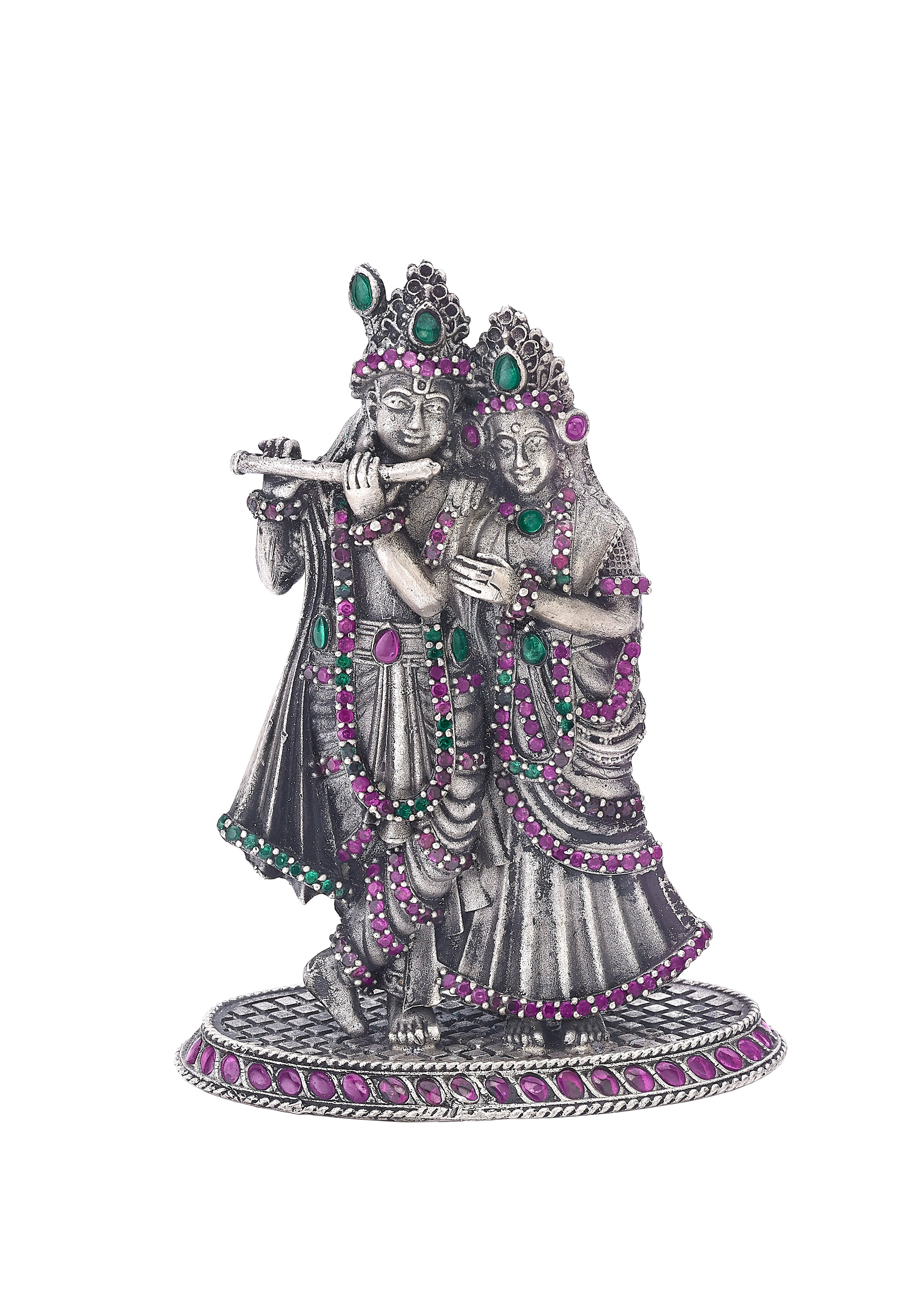 Silver Radha Krishna Idol with Ruby & Emerald Detailing