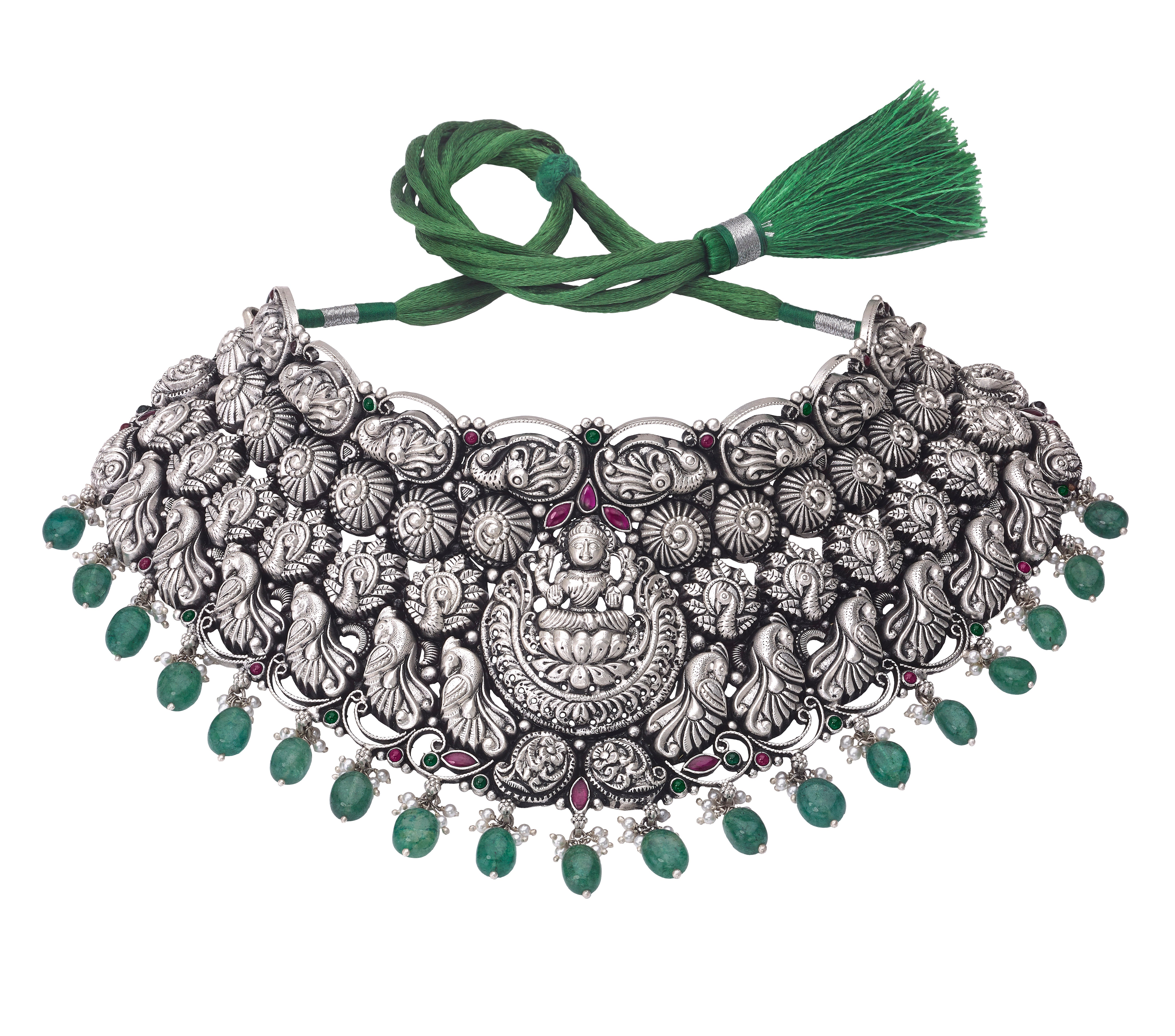 Sterling Silver Necklace with Green Stones Devam