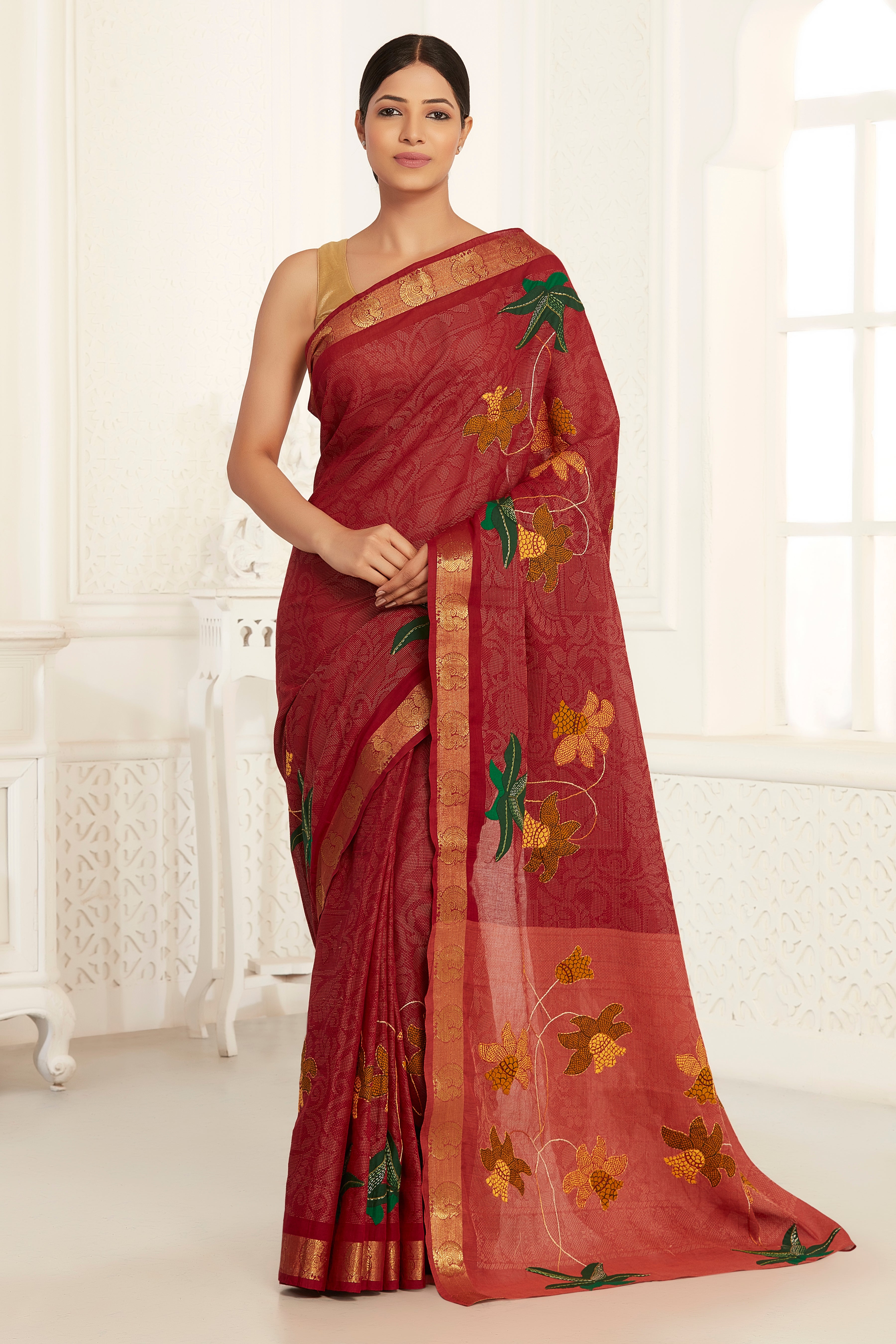 Vibrant Maroon & Yellow Handloom Saree