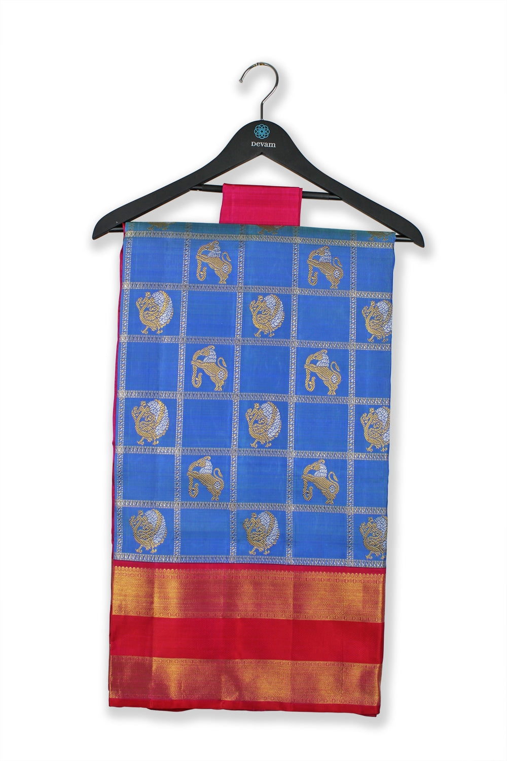 Animals On Parade Blue And Gold Checkered Silk Kanjeevaram Saree Devam