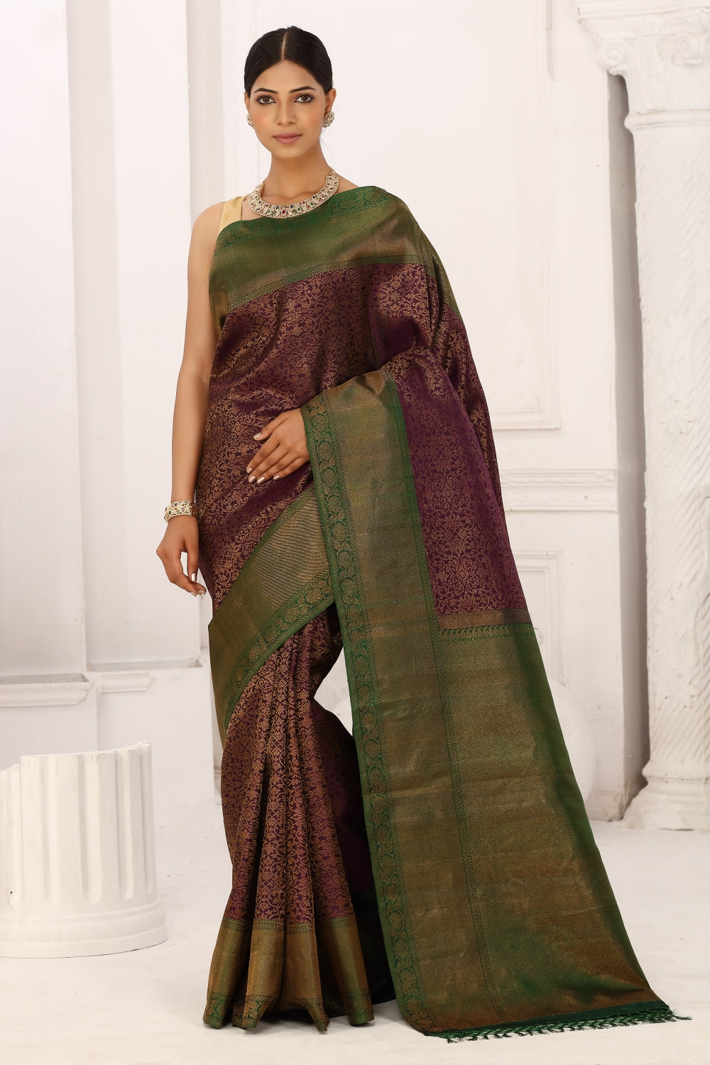 Blessed in a Purple & Green Kanjivaram Devam