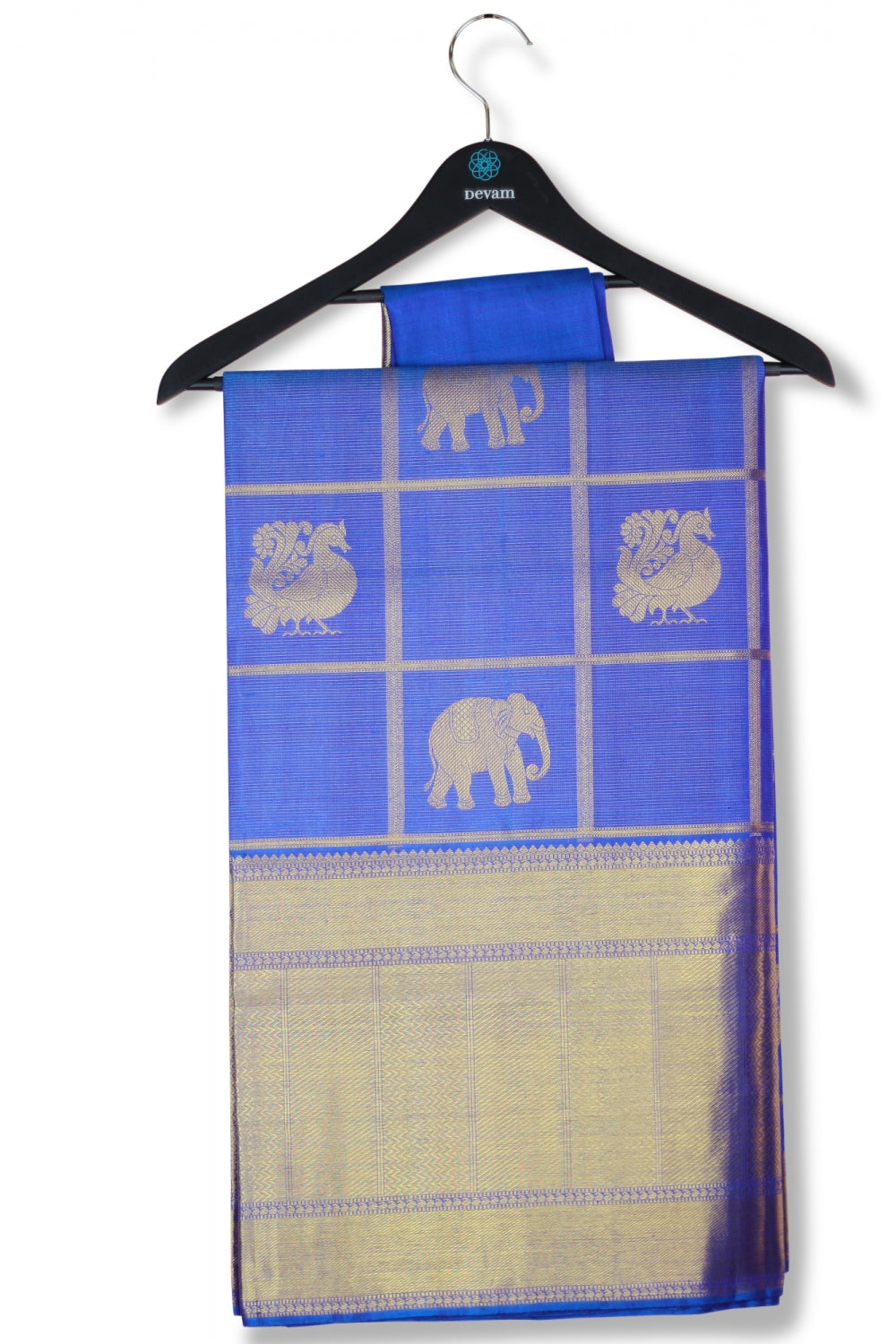 Blue & Gold Big Checkered Real Jari Silk Kanjeevaram Saree Devam