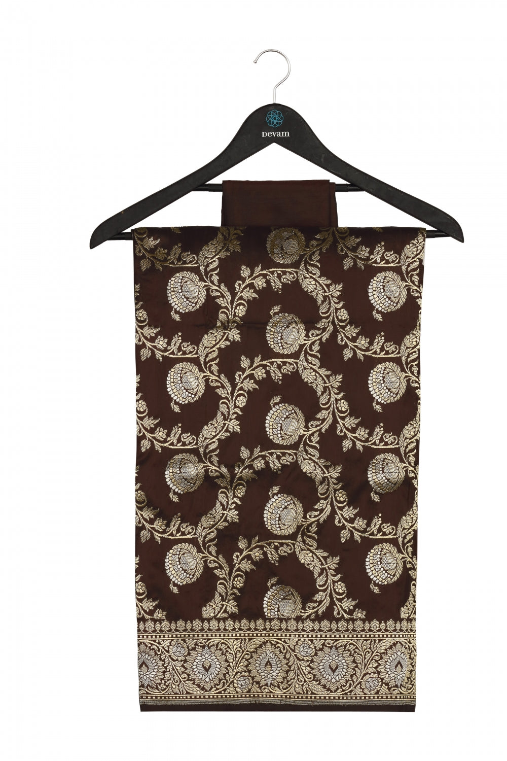 Coffee Brown Floral Silk Banarasi Saree Devam