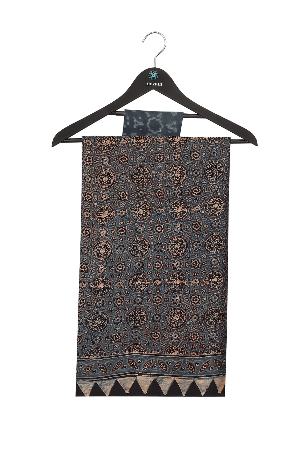 Cornflower Silk Ajarakh Hand Block Printed Saree Devam