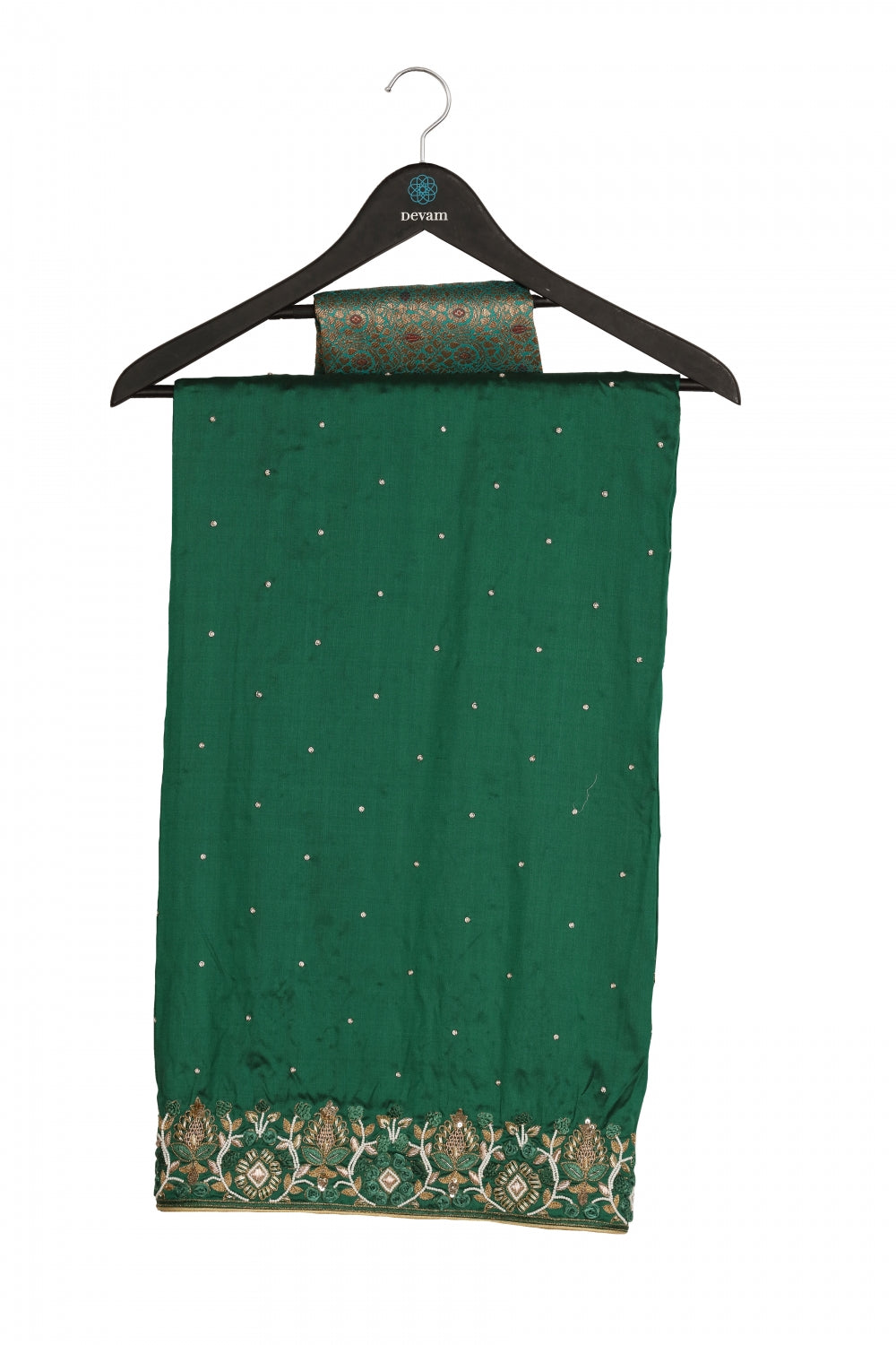 Deep Green Silk Hand Embroidered Saree Devam