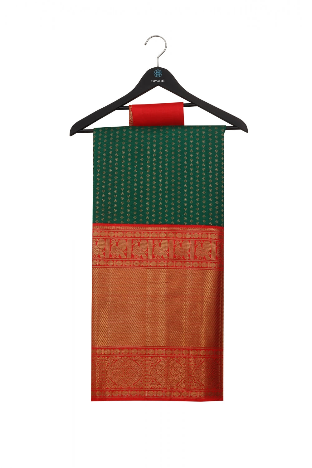Emerald Green & Real Jari Golden Silk Kanjeevaram Saree Devam