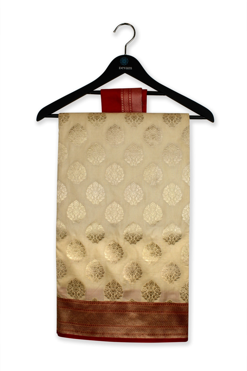 Golden Floral Bhutti Beige Silk Banarasi Saree Devam