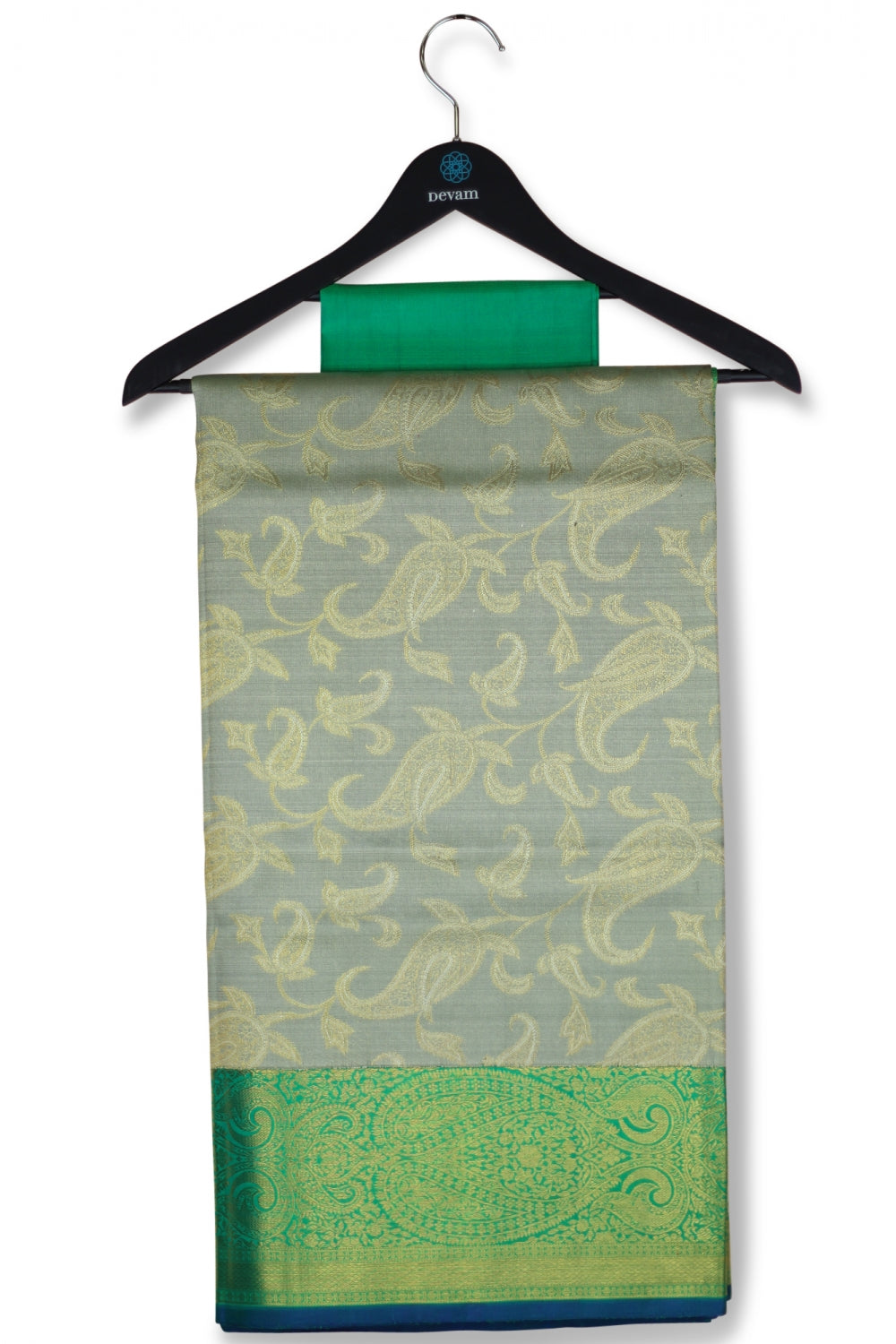Gray & Emerald Real Jari Silk Kanjeevaram Saree Devam