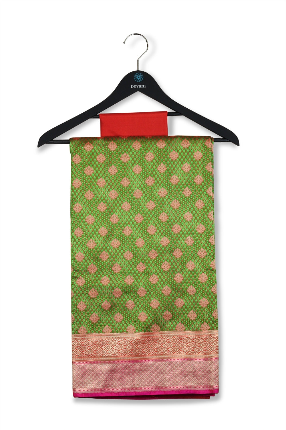 Green & Orange Small Bhuttis Silk Banarasi Saree Devam