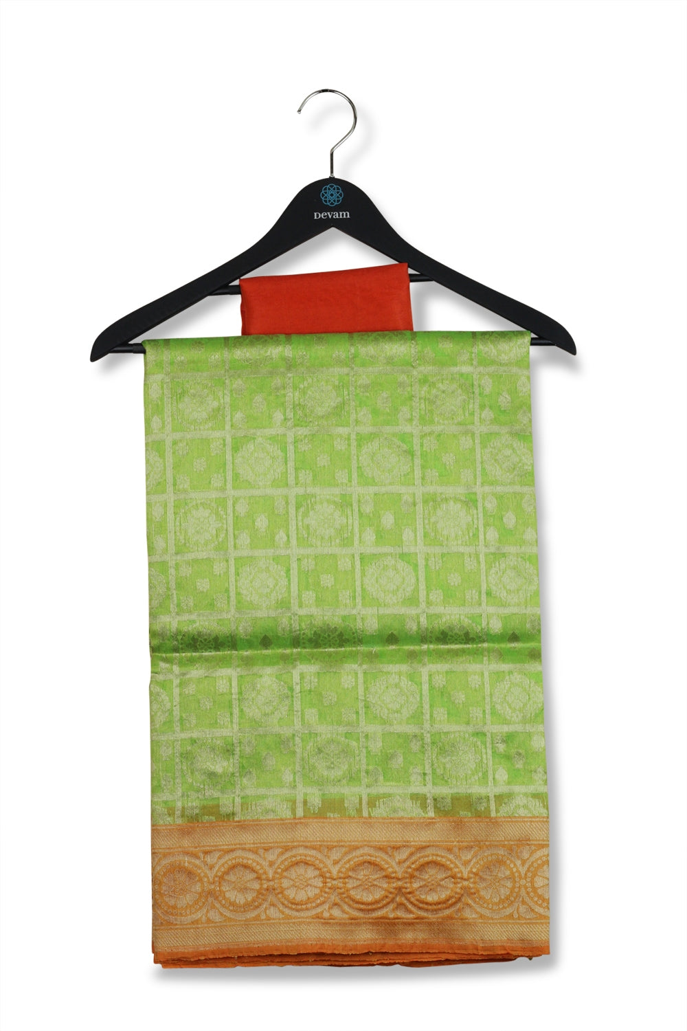 Green, Silver, & Orange Checkered Kora Silk Saree Devam