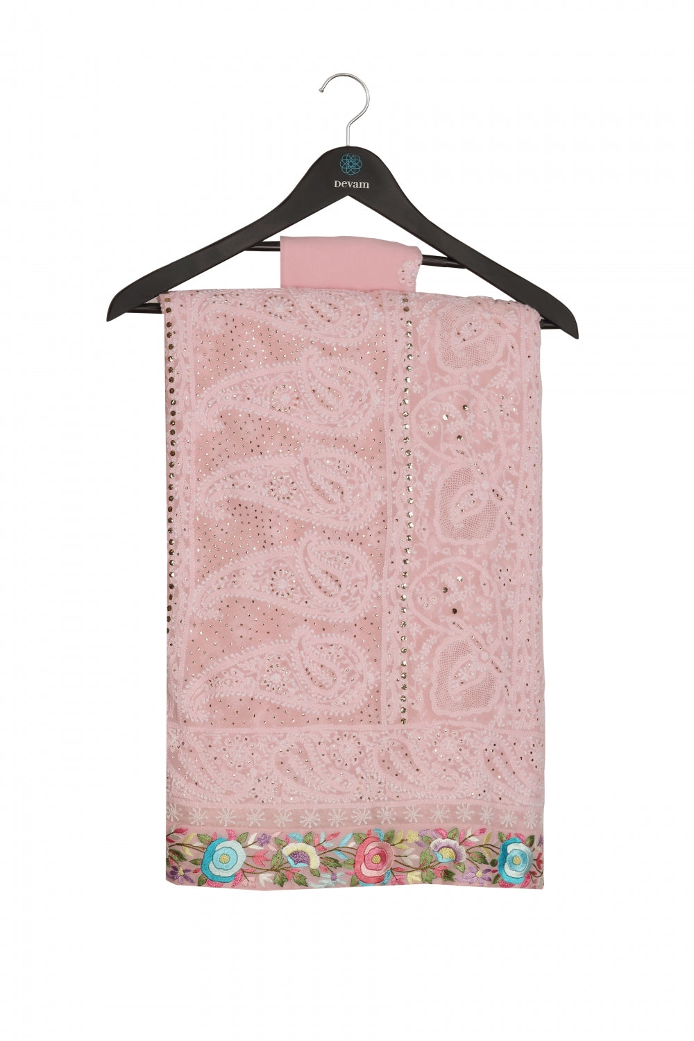 Pink Georgette Lucknowi Hand Embroidered Saree Devam