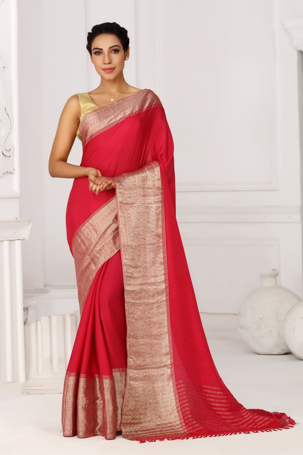 Red & Gold in Mysore Crepe Silk Devam