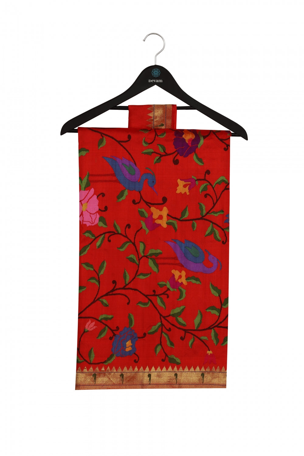 Red Silk Paithani Saree with Floral and Bird Motif Devam