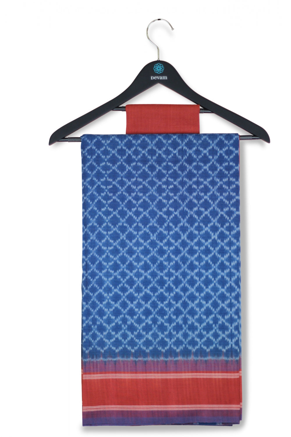 Rust Red & Blue Cotton Ikkat Handloom Saree Devam