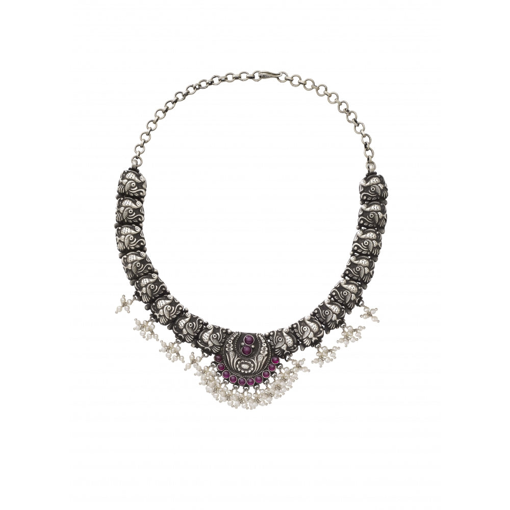 Sterling Silver Necklace with Peacock Motif and Stones Devam