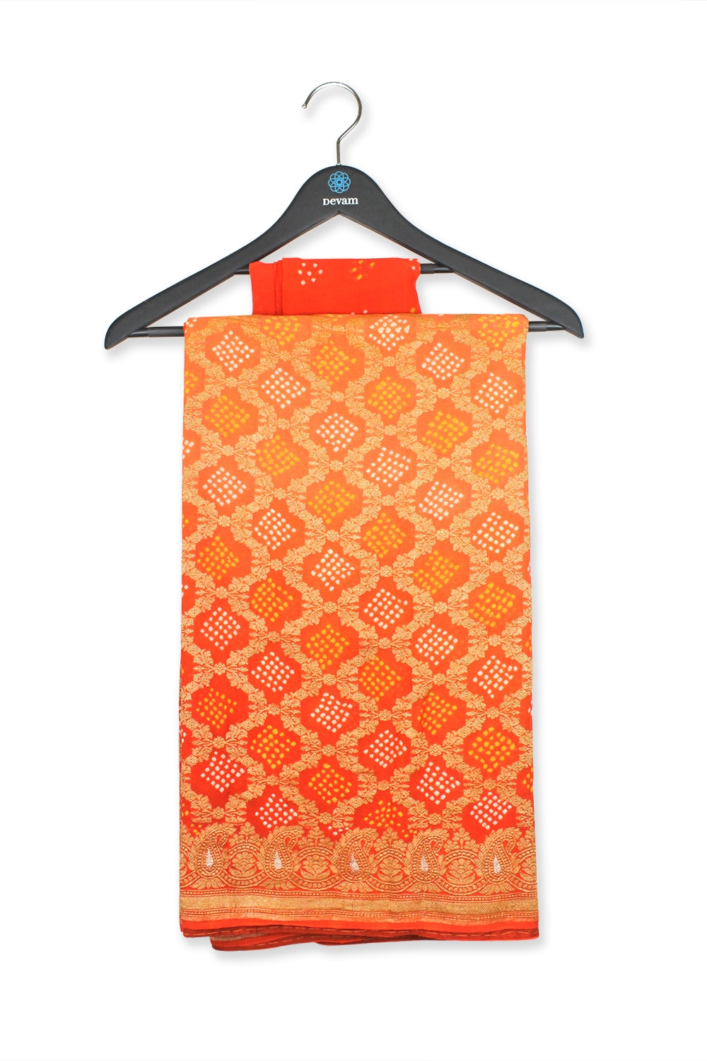 Sunset Orange Handloom Bandhej Brocade Georgette Saree Devam