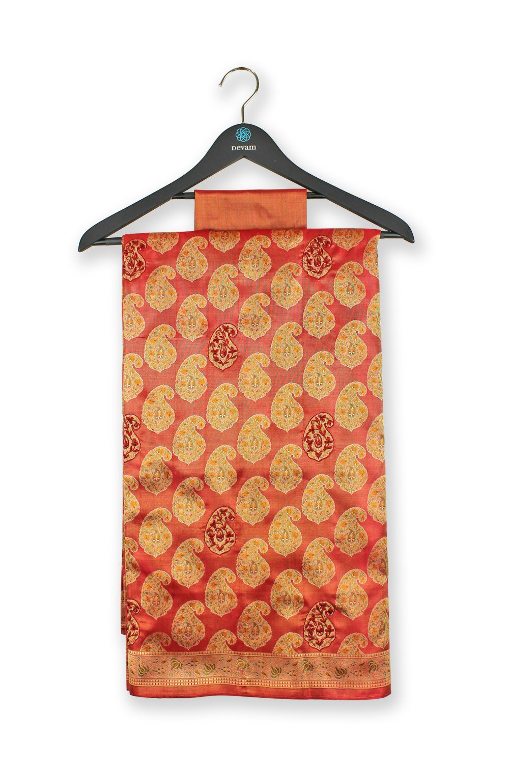 Sunset Red Hand Embroidered Silk Banarasi Saree Devam