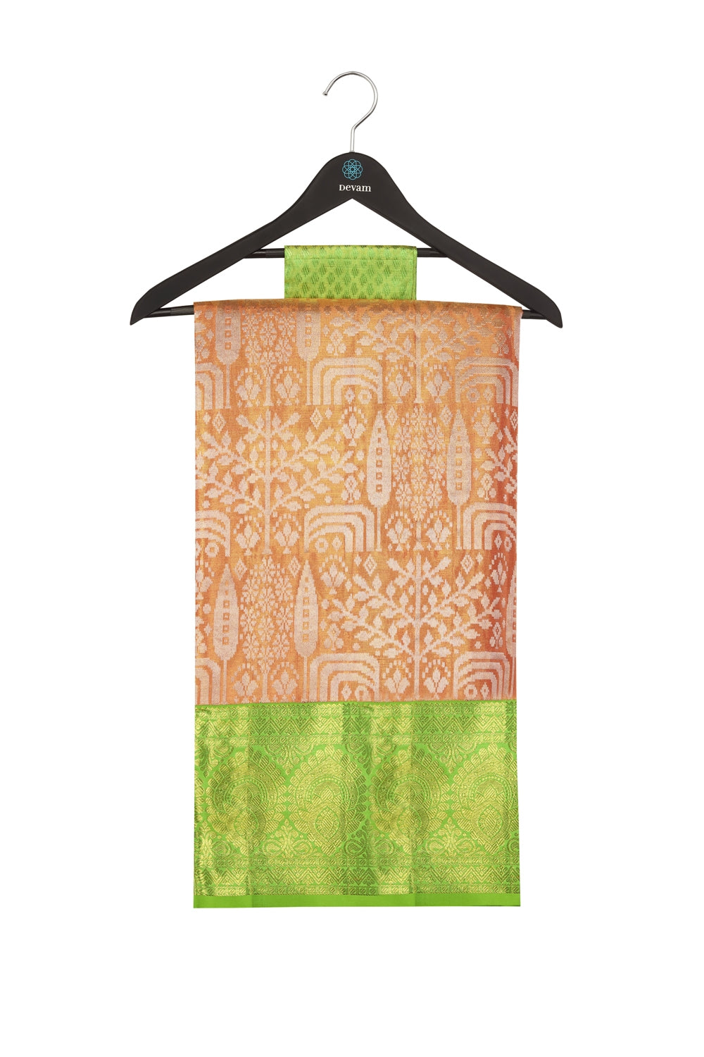 Tangerine Real Jari Golden Silk Kanjeevaram Saree Devam