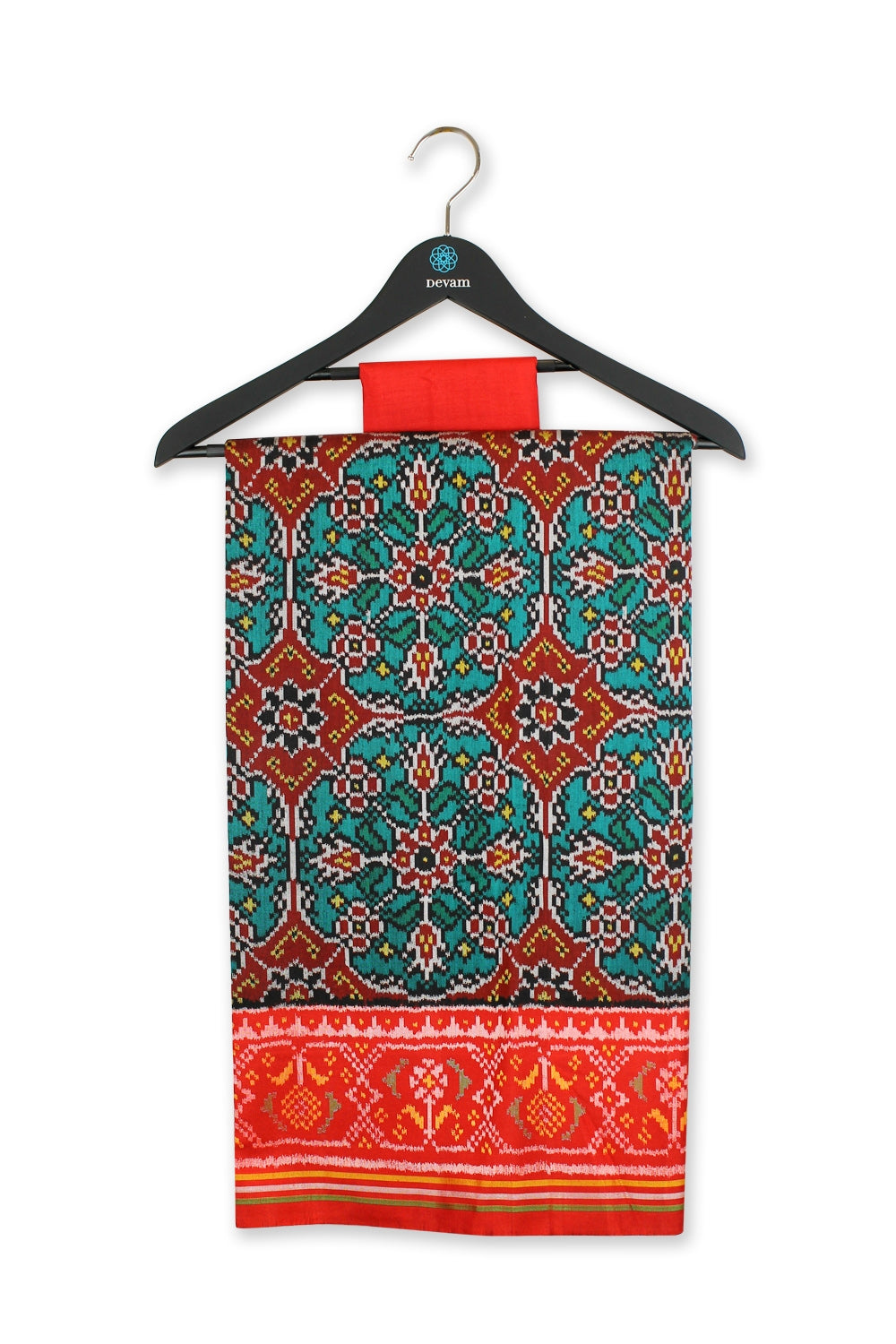 Teal & Fiery Red Single Ikkat Silk Patola Saree Devam