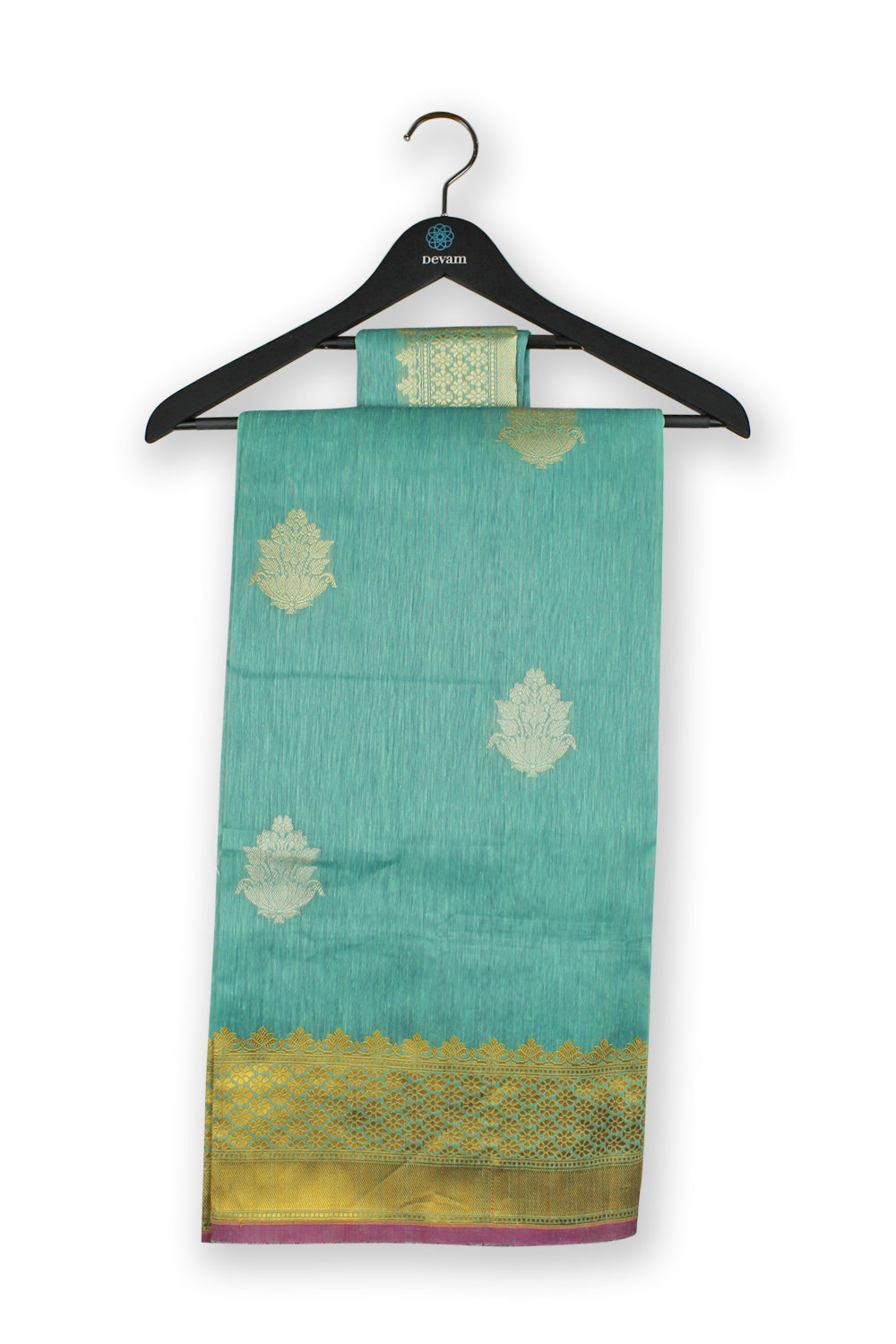 Turquoise Golden Handloom Muga Silk Banarasi Saree Devam