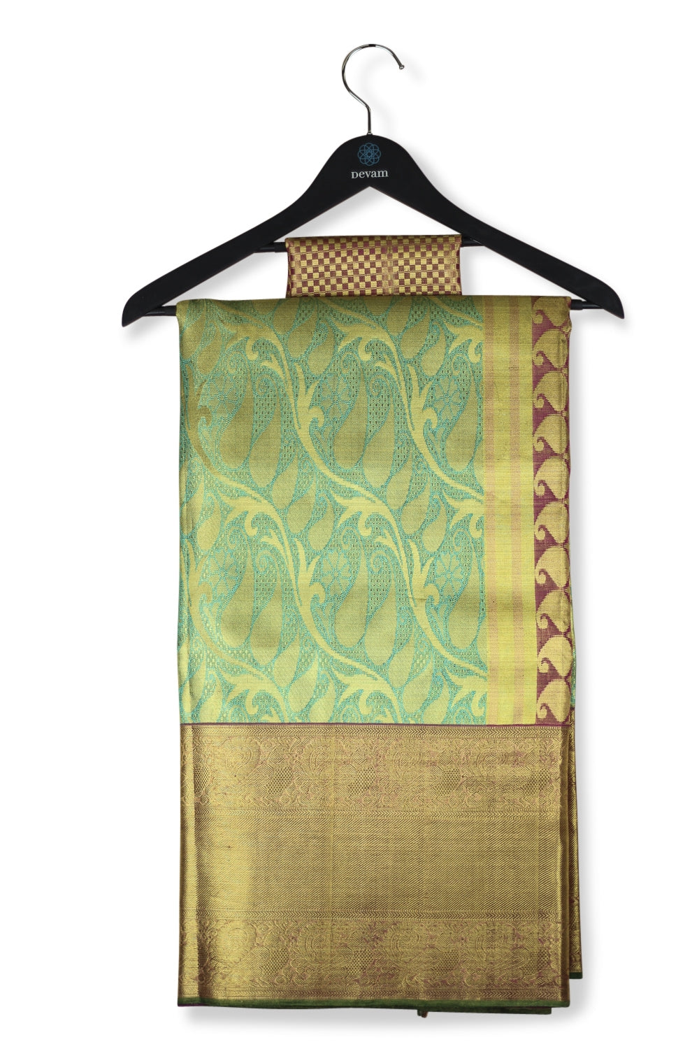 Turquoise, Maroon & Real Jari Gold Silk Kanjeevaram Saree Devam